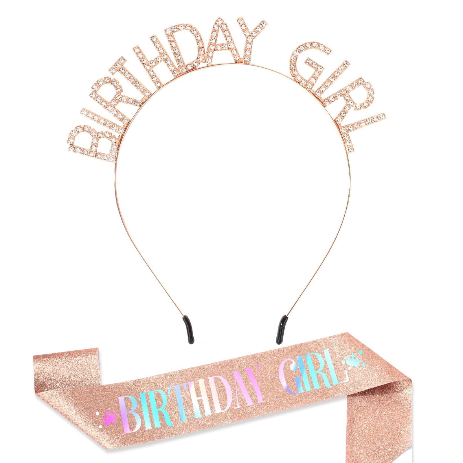 CAVETEE Birthday Girl Crown and Sash， Princess Tiara Happy Birthday Headband Party Accessories for Women and Girls