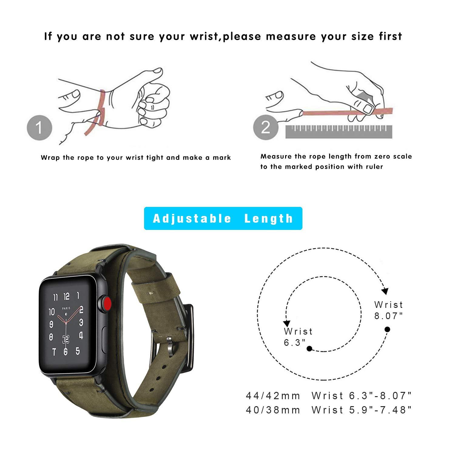 CooBES Compatible with Apple Watch Band 49/46/45/44mm/42mm(Series 3 2 1),Genuine Leather Bracelet Wristband Crazy Horse Cuff Strap Compatible iWatch Ultra/Ultra2 Series 10/9/8/7/6/5/4/3/2/1 (Green) - Image 7