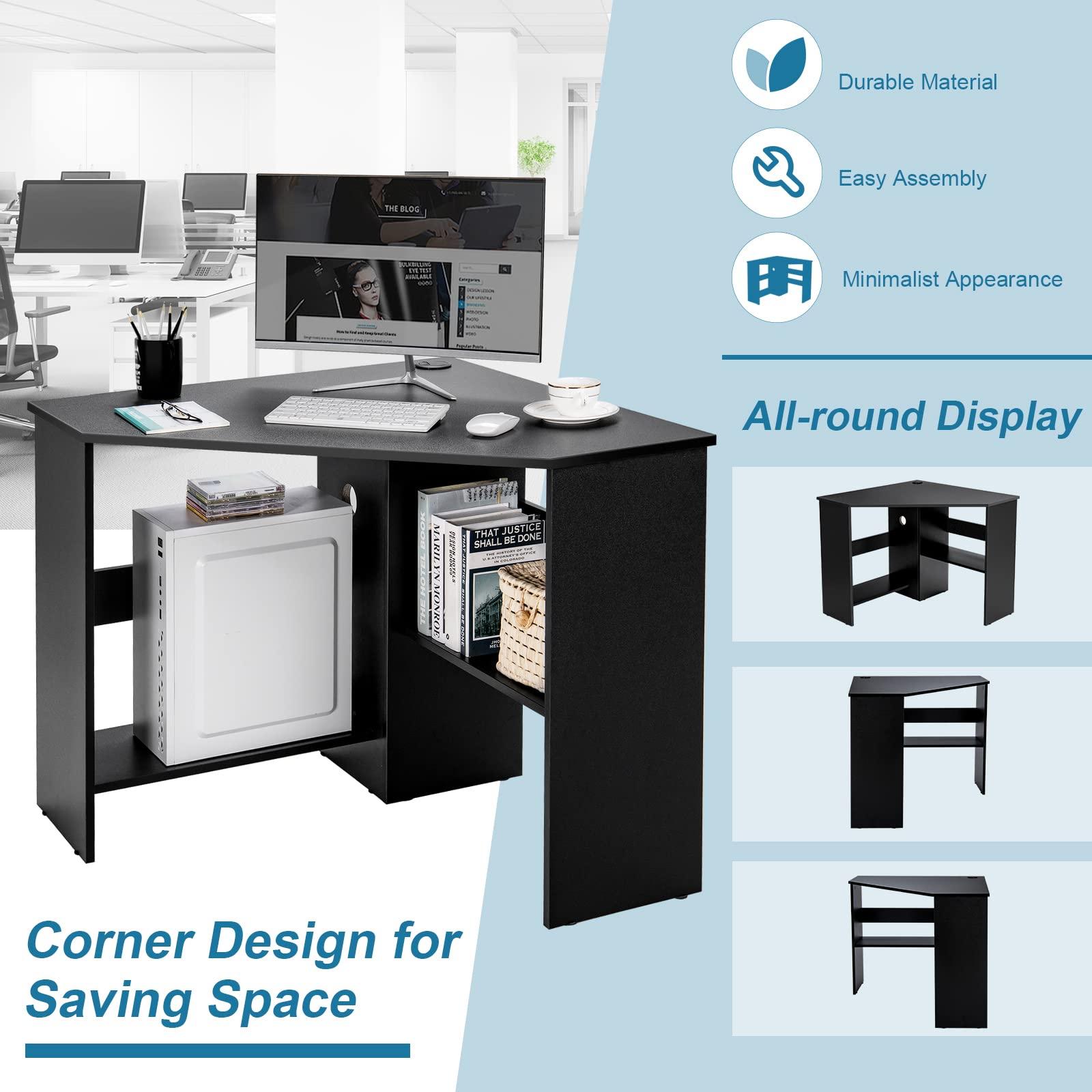 Tangkula Corner Desk, 90 Degrees Triangle Computer Desk for Small Space, Space Saving Bedroom Corner Makeup Vanity Desk with Storage Shelves & CPU Stand, - Image 5