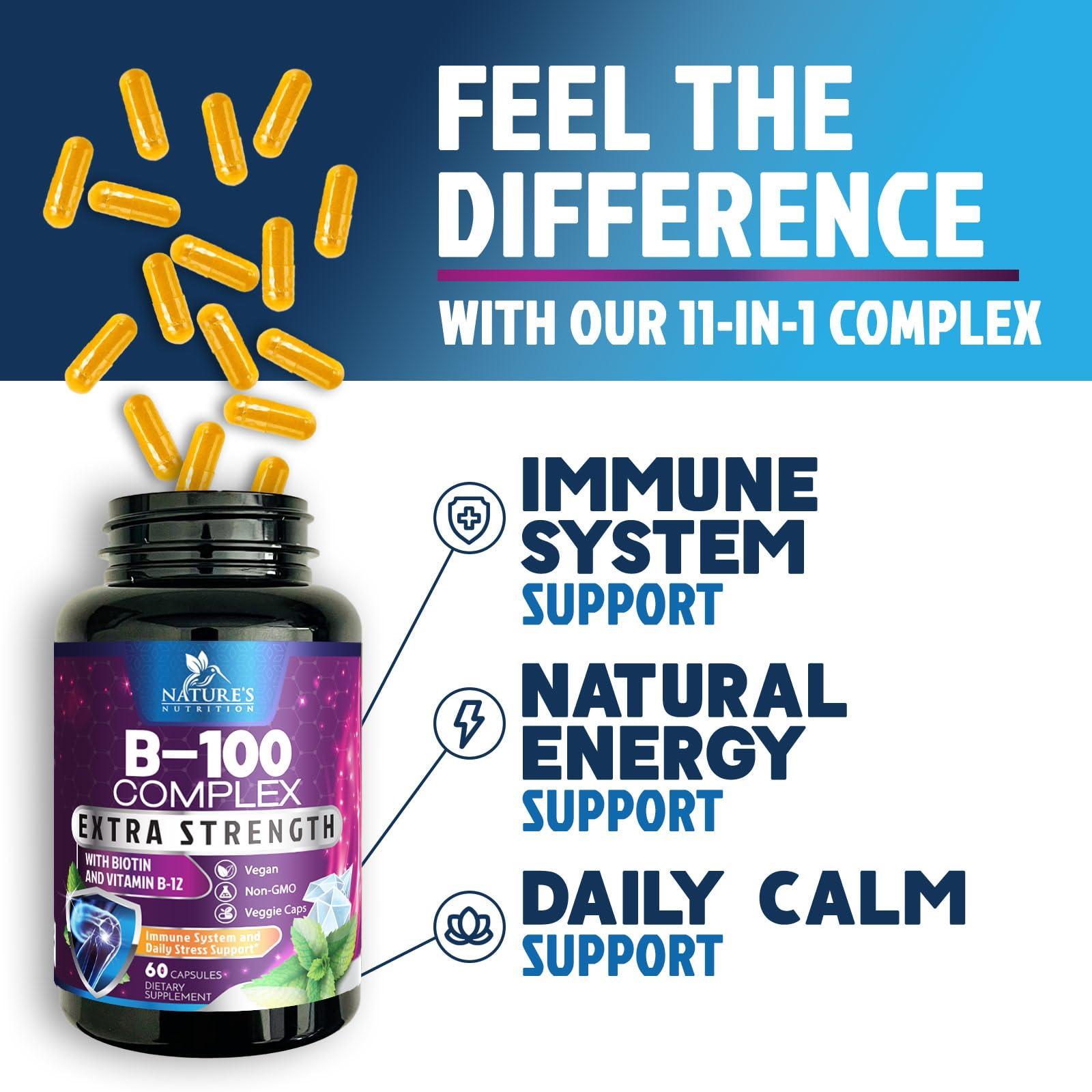 Vitamin B Complex Capsules with Vitamins B6 B12 B100 C Biotin Folate & Folic Acid - Supplement for Heart, Brain, & Nerve Support - Super Complete B-Complex for Immune & Energy Support - 60 Capsules - Image 5