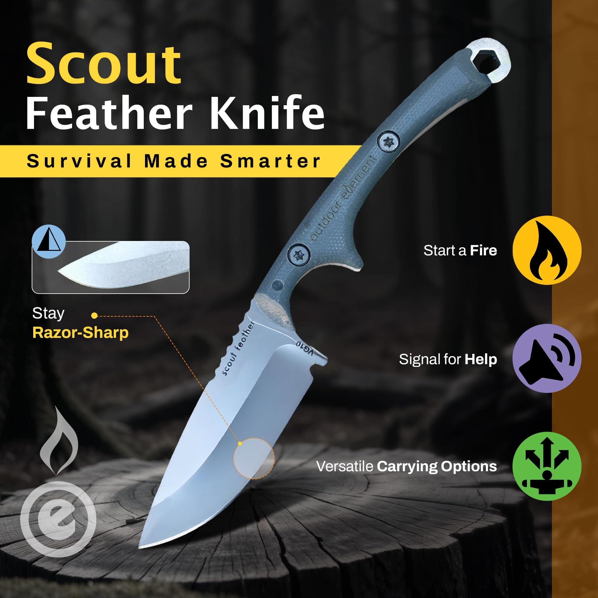 OUTDOOR ELEMENT Scout Feather - Adventure Survival Knife - Full Tang, Ceramic Honing V Notch built into included Sheath, Hex Driver in Handle, 115dB Emergency Whistle, Replacable Ferro Rod - Image 2