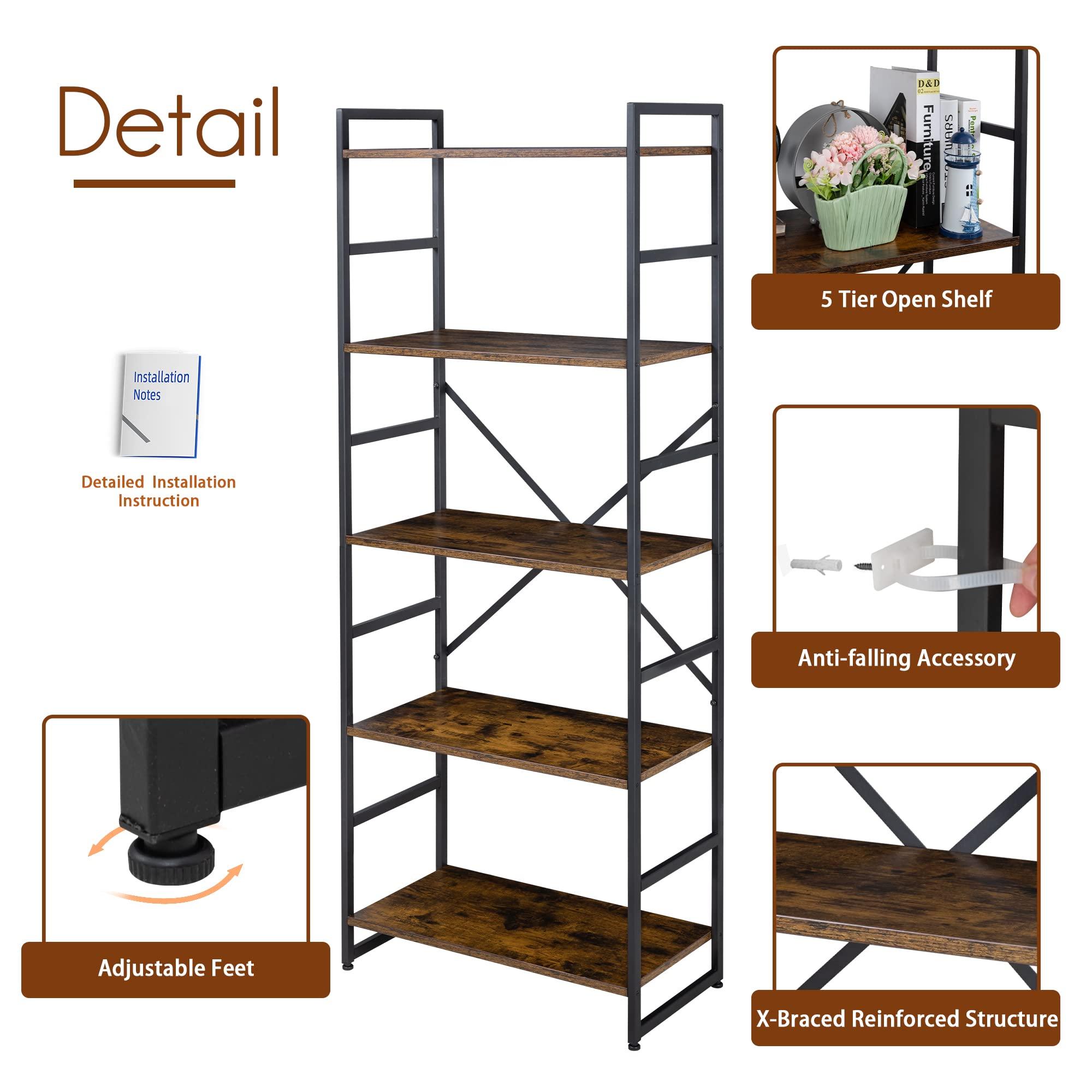 Shintenchi 2 Pieces 5 Tiers Bookshelf, Classically Tall Bookcase Shelf, Industrial Book Rack, Modern Book Holder in Bedroom/Living Room/Home/Office, Storage Rack Shelves for Books/Movies-Rustic Brown - Image 5