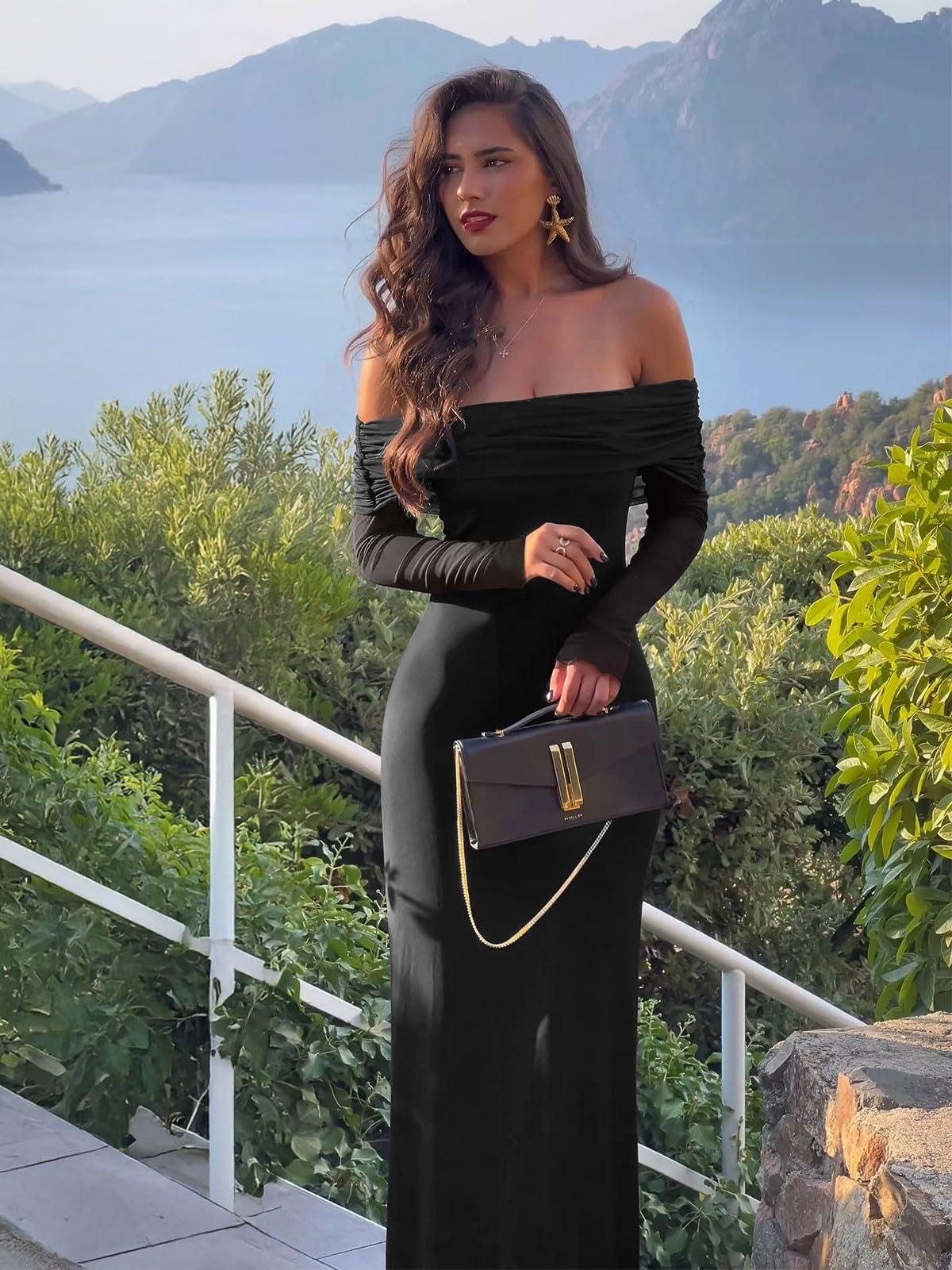 REORIA Women Off Shoulder Long Sleeve Dress Elegant Sexy Stretch Mesh Double Lined Slim Trendy Long Dresses - Image 4
