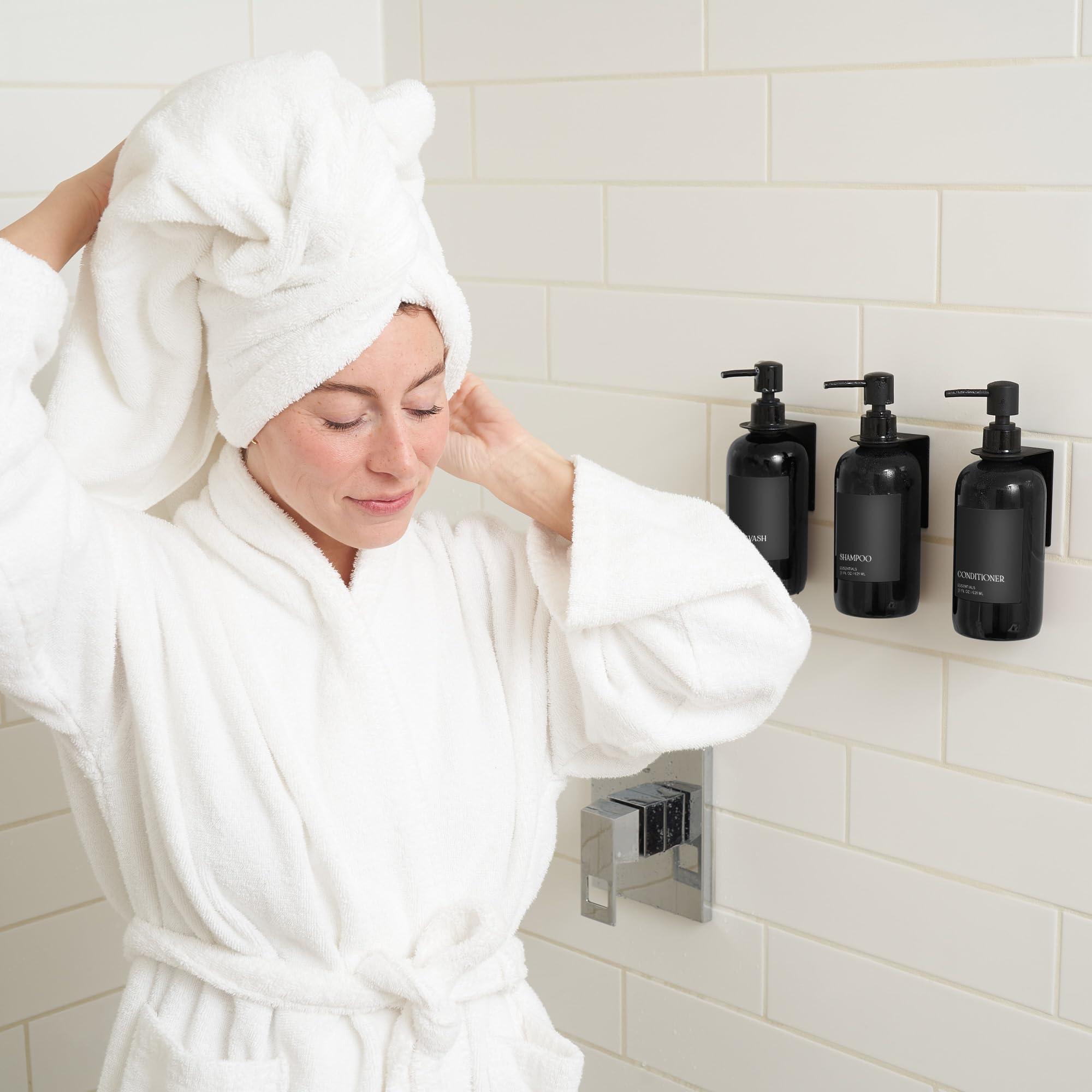 Stylish Shampoo and Conditioner Dispenser Set of 3 for Wall Mount - Modern Drill Free 21oz Shower Soap Bottles with Labels - Easy Refill Body Wash Dispensers for an Instant Bathroom Decor Upgrade - Image 2