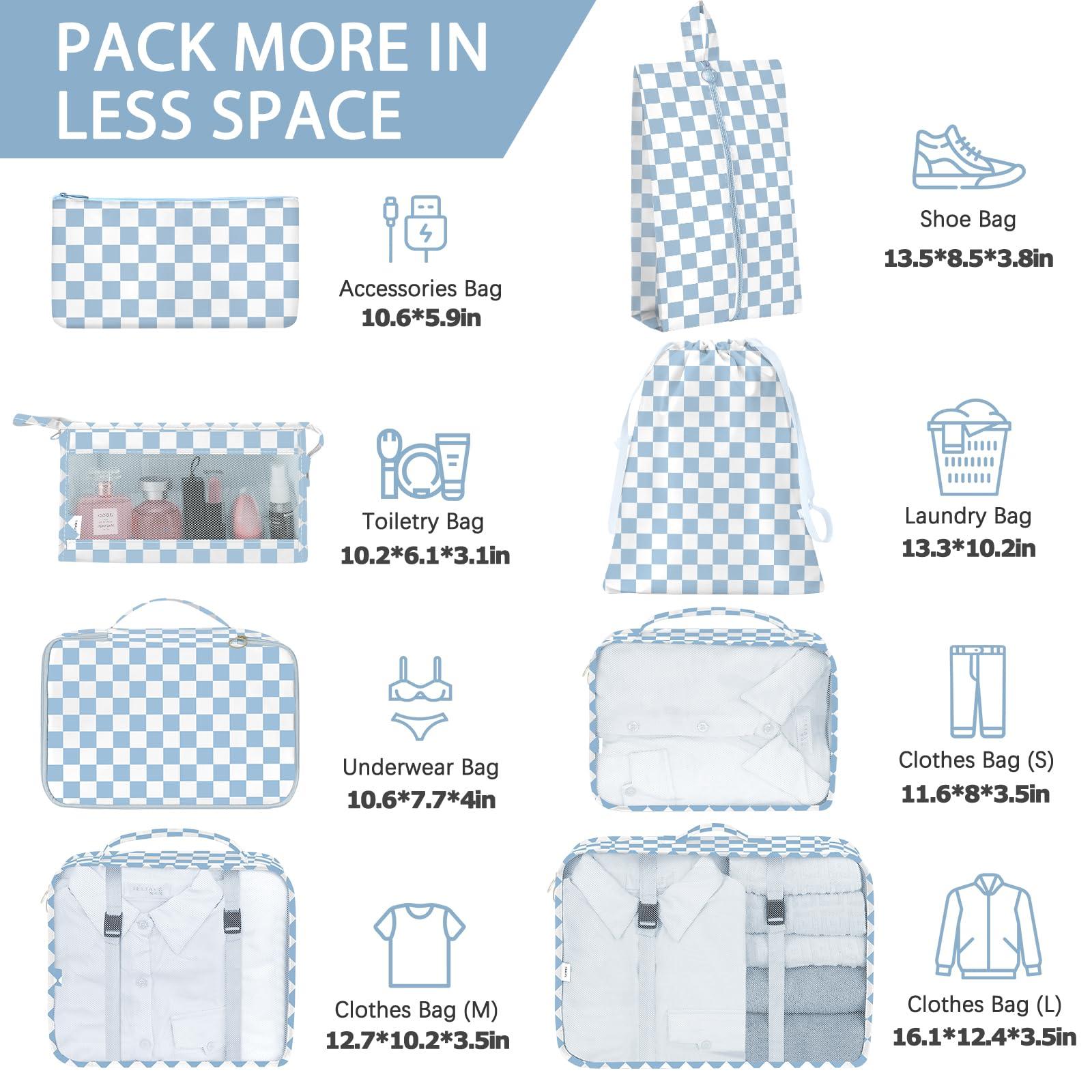 8 Set Packing Cubes for Travel, Luggage Packing Organizers Accessories Large Toiletries Bag for Clothes Shoes Cosmetics (Blue Checkered) - Image 3