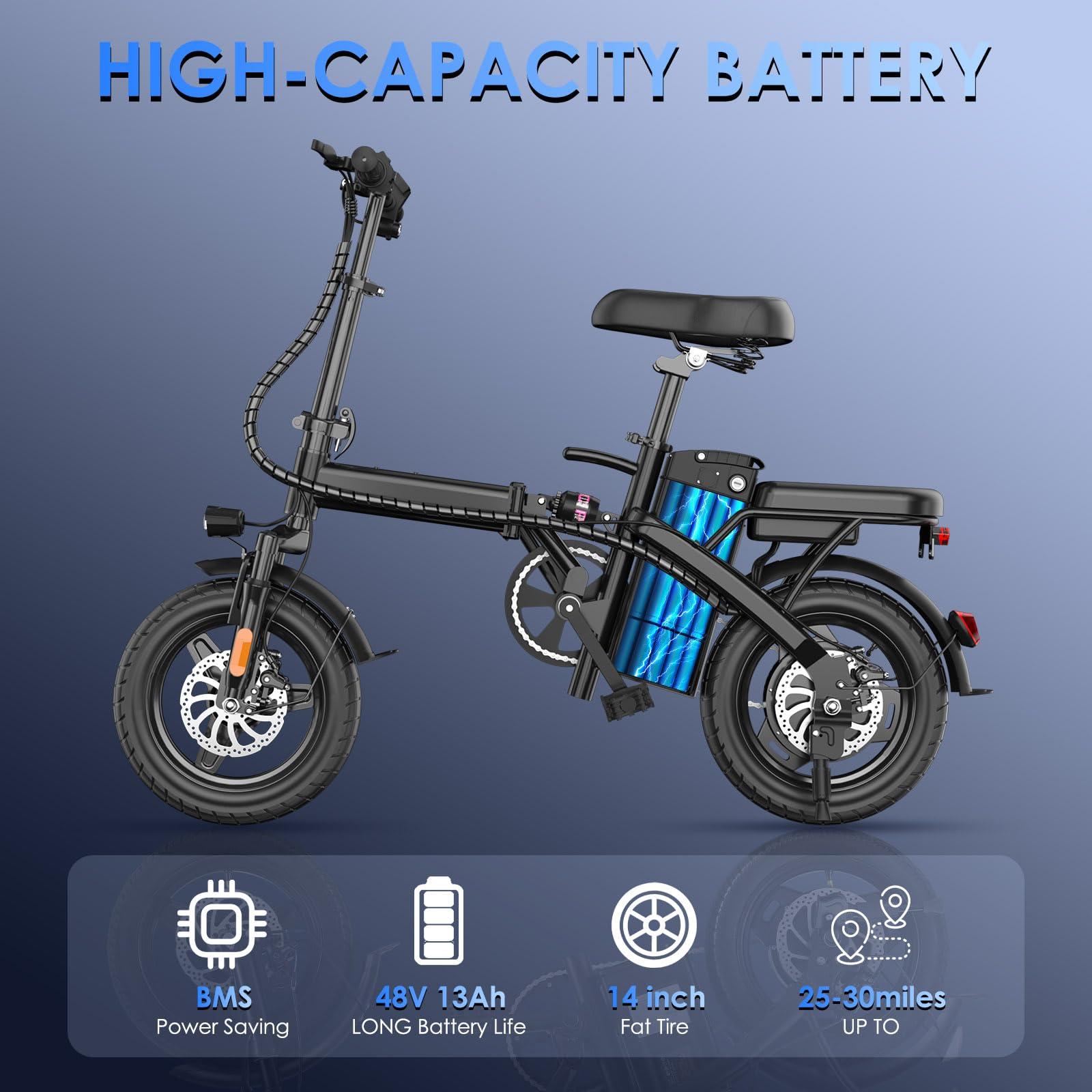E14 Electric Bike for Adults 500W Motor, Folding Ebike 14" Adults Electric Bicycles, 48V 13Ah Removable Battery UL 2849 Certified, 25 Miles PAS Range - Image 4