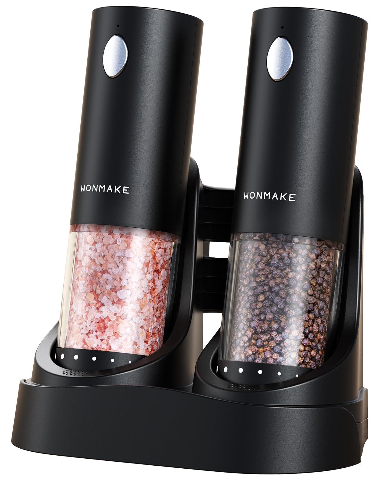 Electric Salt and Pepper Grinder Set - Automatic Refillable Salt and Pepper Grinders with Charging Base & LED Light, 6-Level Adjustable Coarseness with External Dial, Ideal Kitchen Gadget