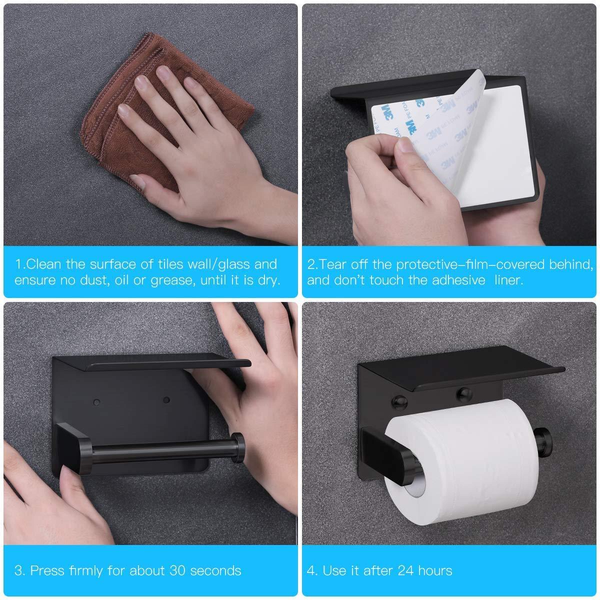 VAEHOLD Self Adhesive Toilet Paper Holder with Phone Shelf Stainless Steel Wall Mounted Toilet Paper Roll Holder - Rustproof and Bathroom Washroom Tissue Roll Holder with Shelf - Black - Image 5