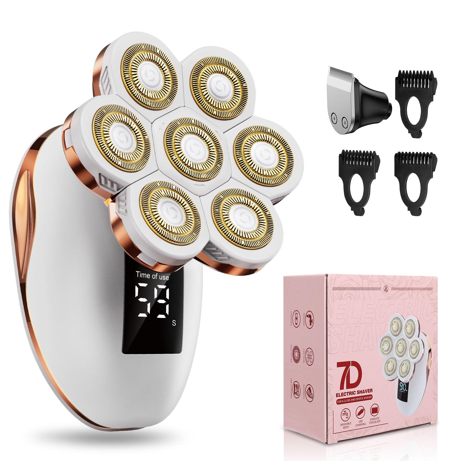 2-in-1 Electric Razors for Women, Wet/Dry 7D Rechargeable Rotary Shaver for Legs, Water Resistant Grooming Kit - Electric Razors for Women, Facial Hair Removal, Bikini Trimmer, Lips - Gentle Hair Remo