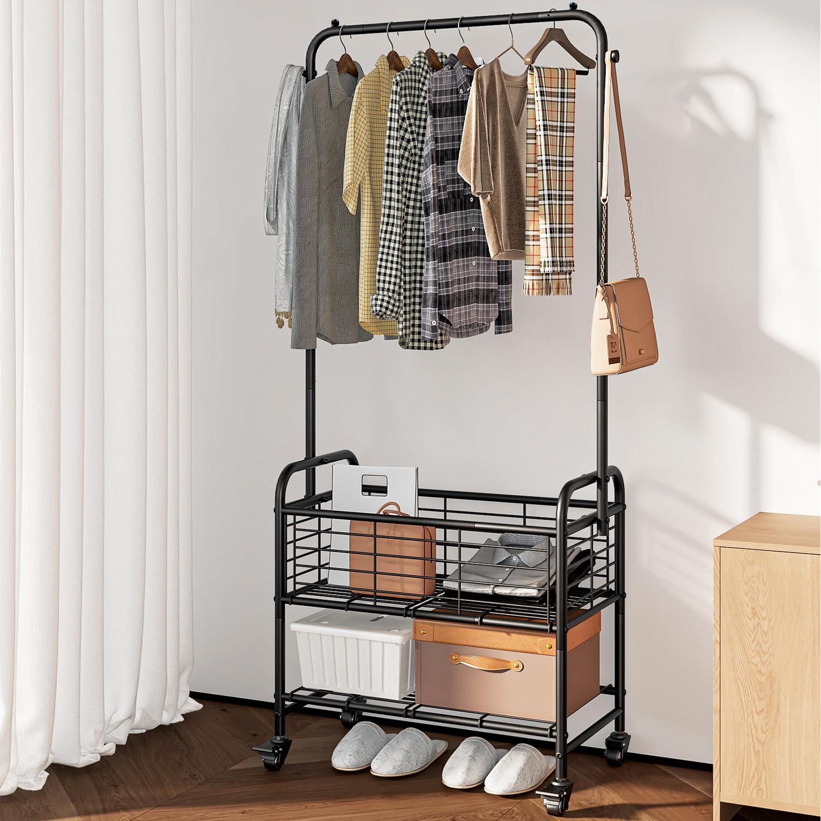 SUOERNUO Laundry Cart with Hanging Rack Rolling Laundry Hamper Sorter with Wheels Shelf,Black - Image 2