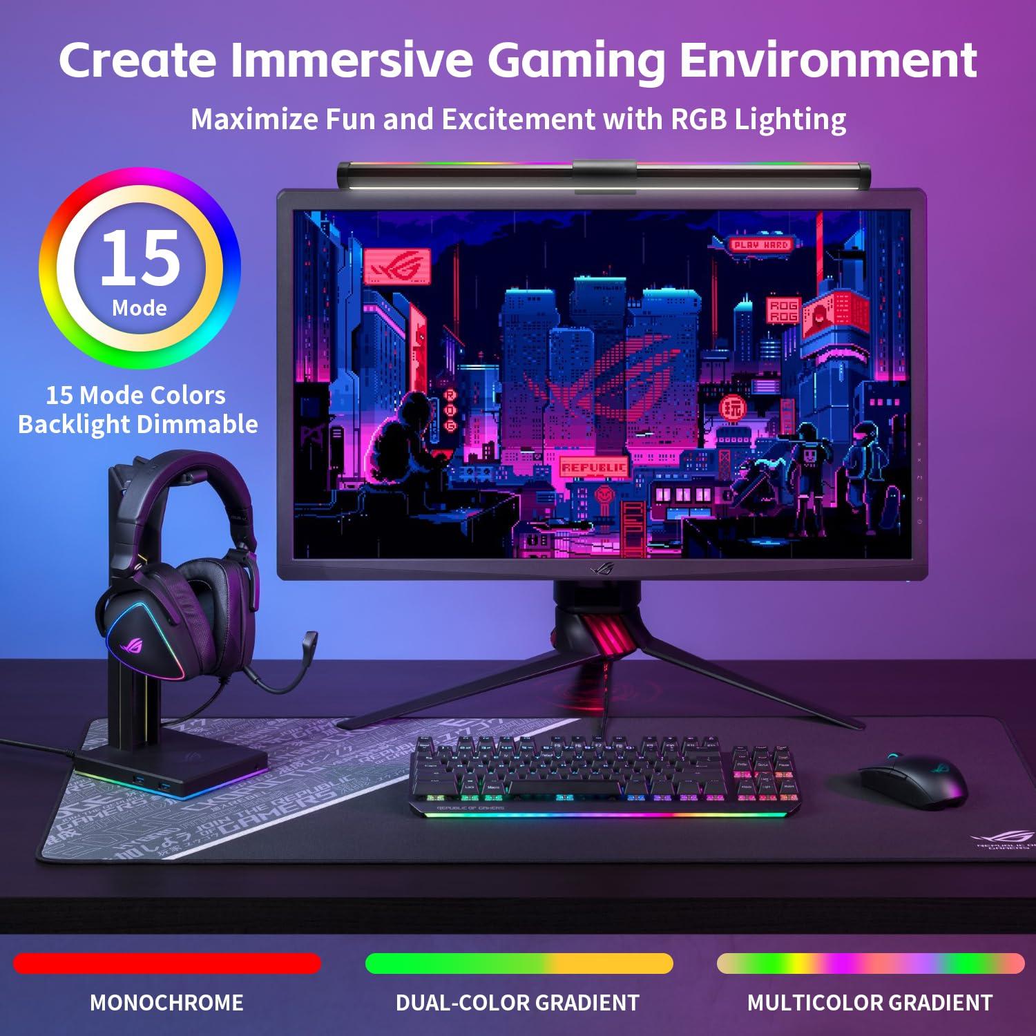 KEING USB Reading Screen Monitor Light, 15 Modes RGB Dimmable Backlight, Eye-Care Dual Light Computer Light Bar Gaming Office Desk Lamp, 5 Color Temperature Adjustable Brightness - Image 2