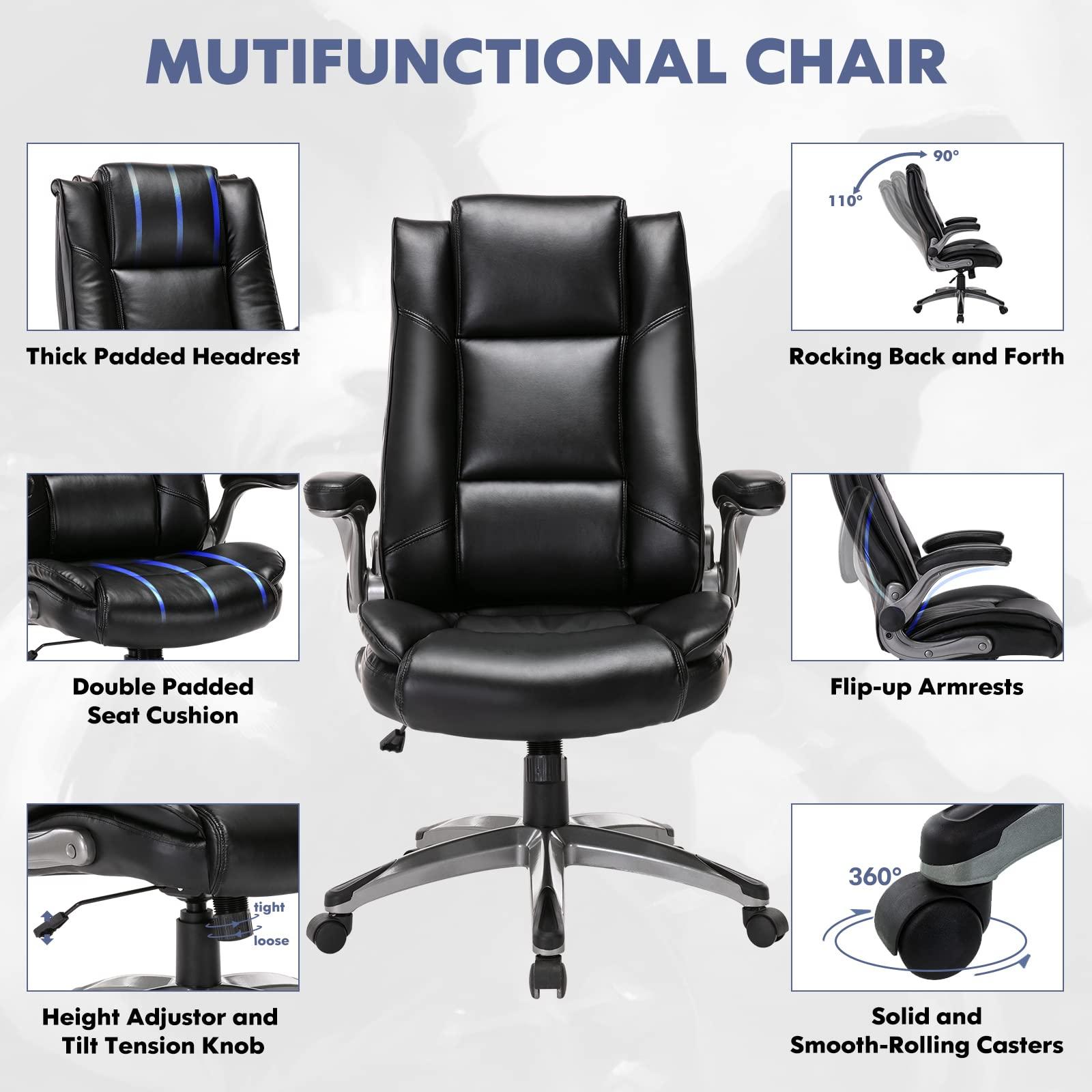 COLAMY Leather Executive Office Chair - High Back Home Computer Desk Chair with Padded Flip-up Arms, Adjustable Tilt Lock, Swivel Rolling Ergonomic Chair for Adult Working Study, Black - Image 4