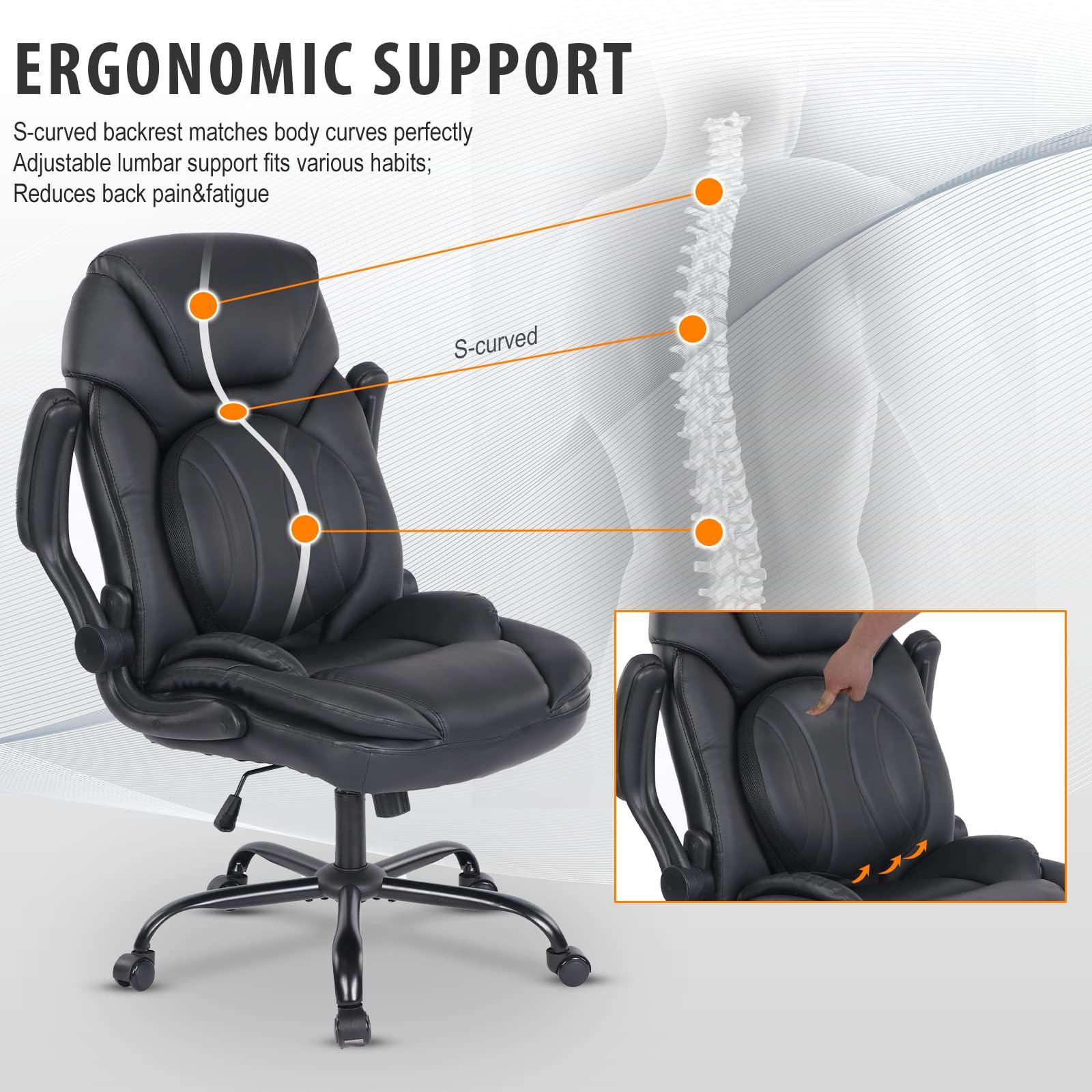 Comermax Ergonomic Executive Office Chairs with Lumbar Support, PU Leather Home Office Desk Chairs with Wheels and Flip up Arms, 90-120° Rocking Managerial Executive Chair (Black),Medium(300lbs) - Image 6