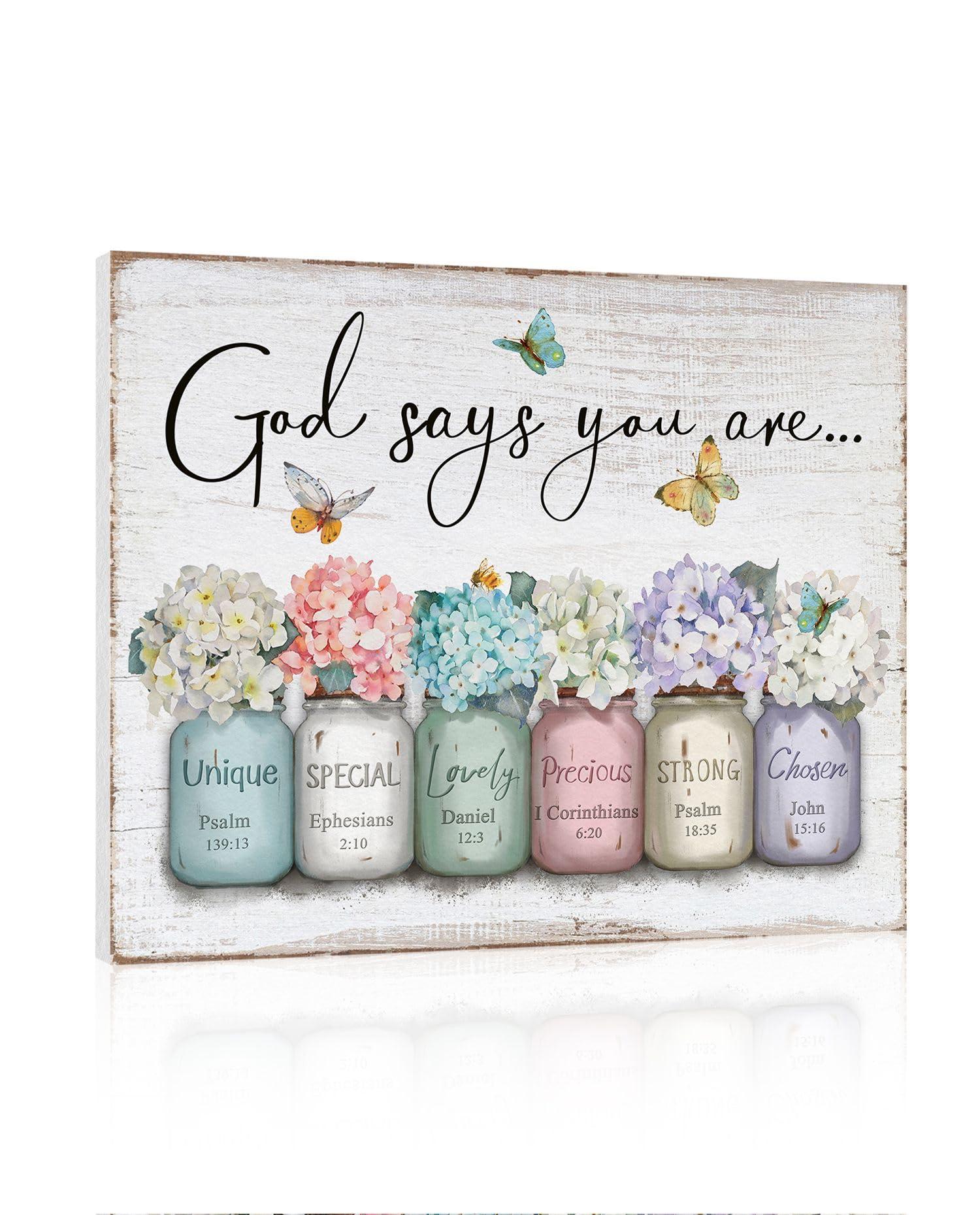 Inspirational Bible Verse Wall Art: God Says You Are Wall Sayings Flowers in Mason Jar Picture Print Christian Gift Quotes Poster for Women Girl Bedroom Decor 12" x 15"