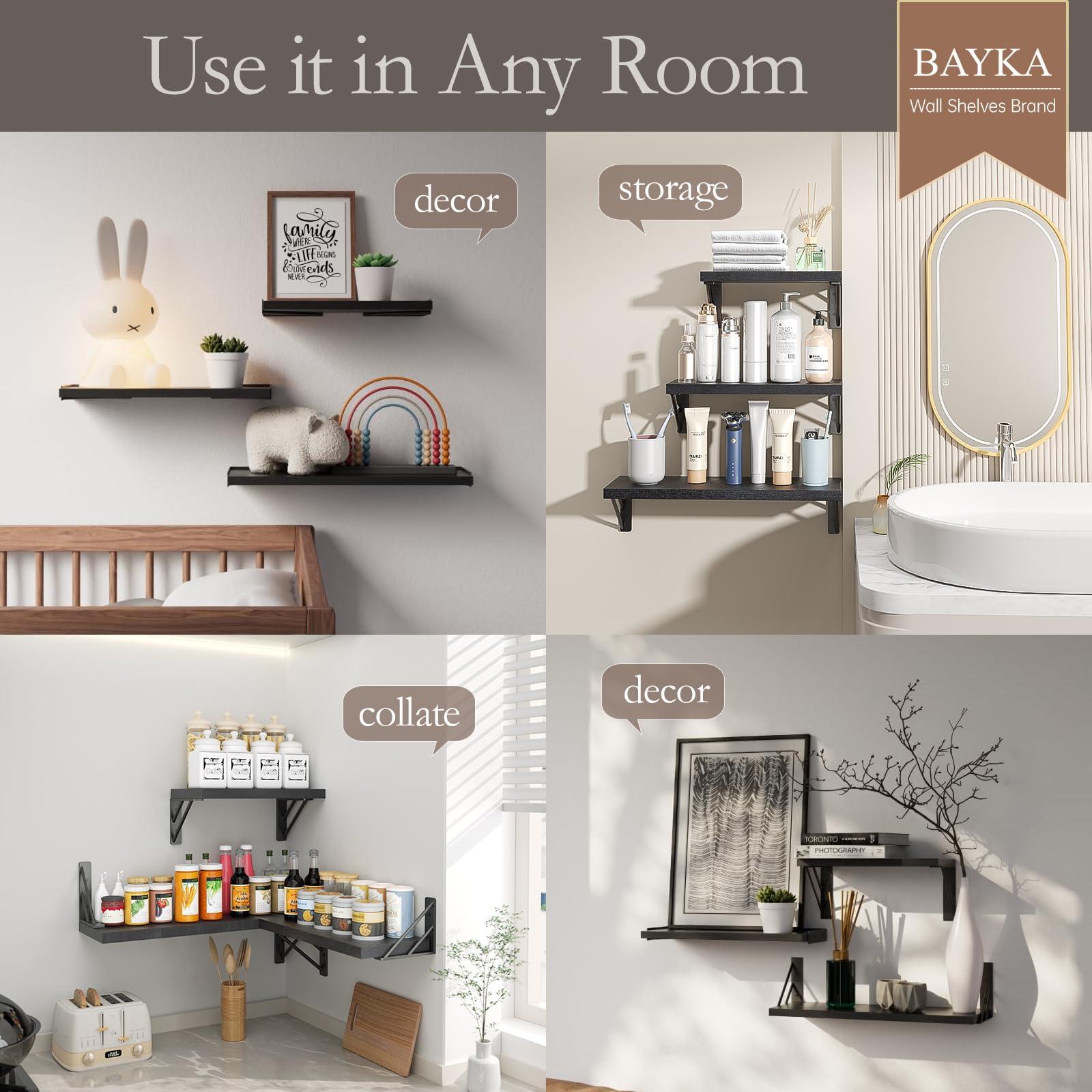 BAYKA Wall Shelves for Bedroom Decor, Floating Wall Shelves for Living Room Kitchen Storage, Wall Mounted Rustic Wood Floating Shelves for Kids Books, Corner Shelves for Bathroom, Office(Set of 3) - Image 6