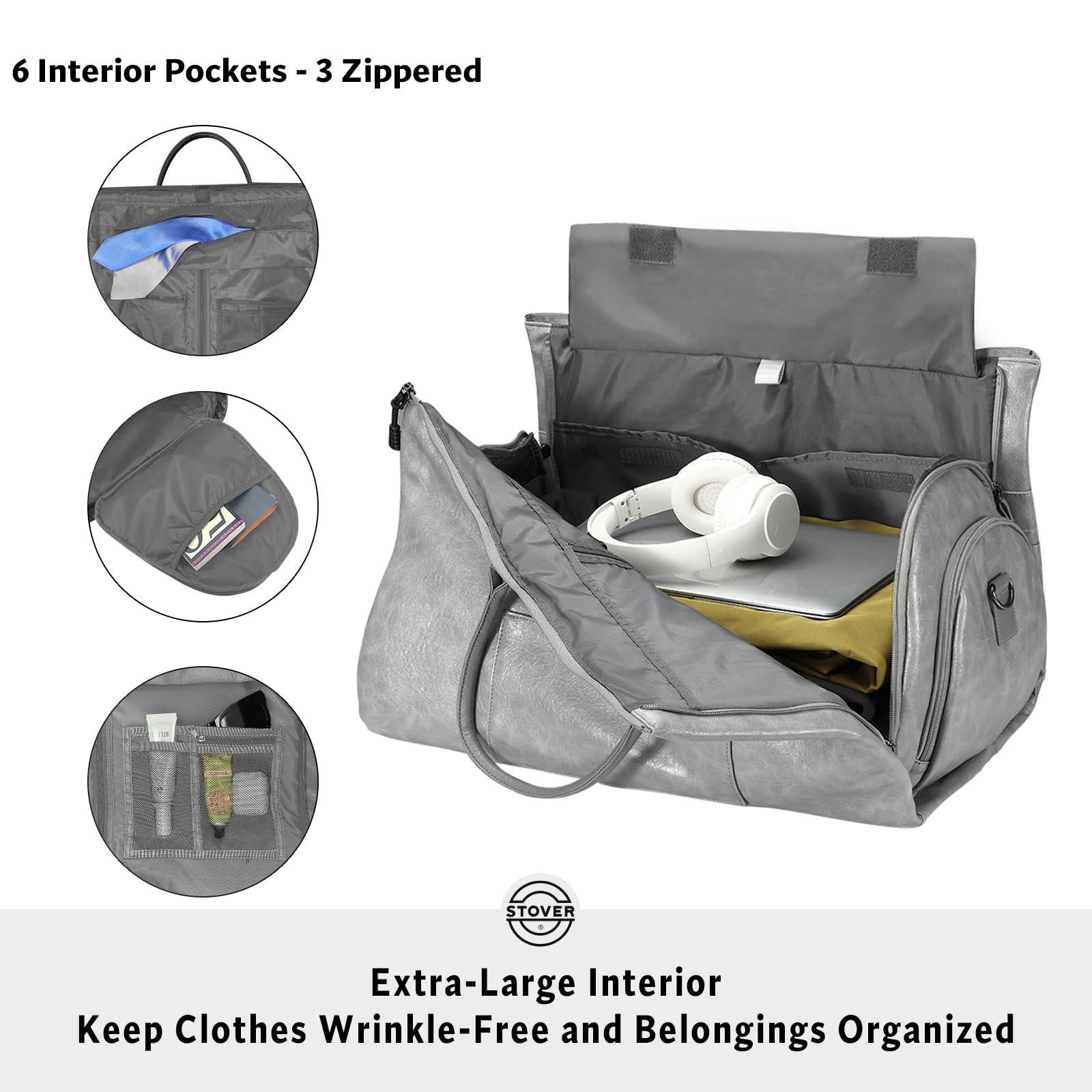 STOVER Garment Travel Duffle Bag, Large 2-in-1 Convertible Carry-on Luggage for Men & Women- Hanging Suits, Dresses & Clothes + Shoe Compartment- Weekender Tote Combo Duffel (Grey Leatherette) - Image 3
