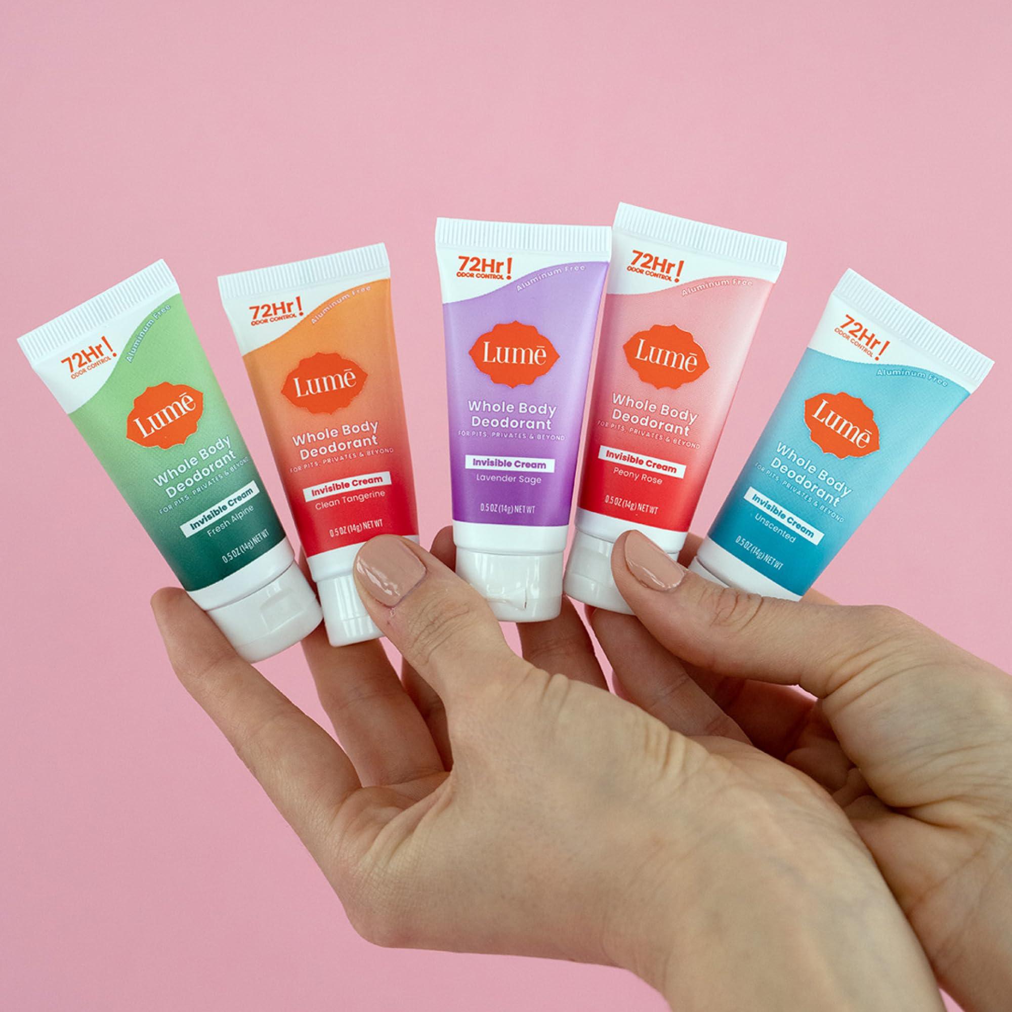 Lume Whole Body Deodorant 5 Pack Sampler - Invisible Cream Minis - 72 Hour Odor Control - Aluminum & Baking Soda Free (Clean Tangerine, Lavender Sage, Peony Rose, Toasted Coconut, Unscented) - Image 7