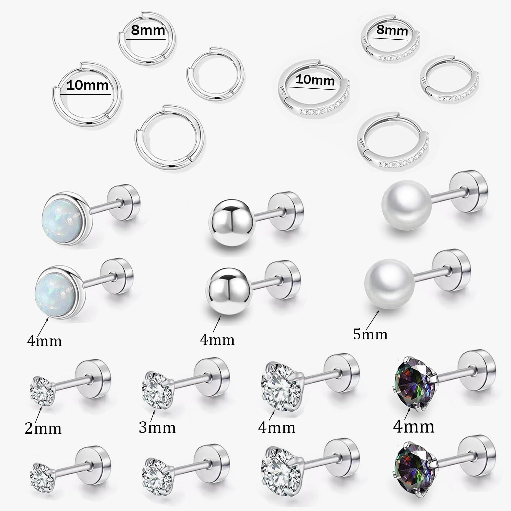 Surgical Steel Flat Back Earrings Set for Multiple Piercing Sensitive Ears,Sterling Silver Hypoallergenic Small Cartilage Huggie Hoop Earrings Titanium Tiny CZ Pearl Opal Stud Earrings for Women - Image 3