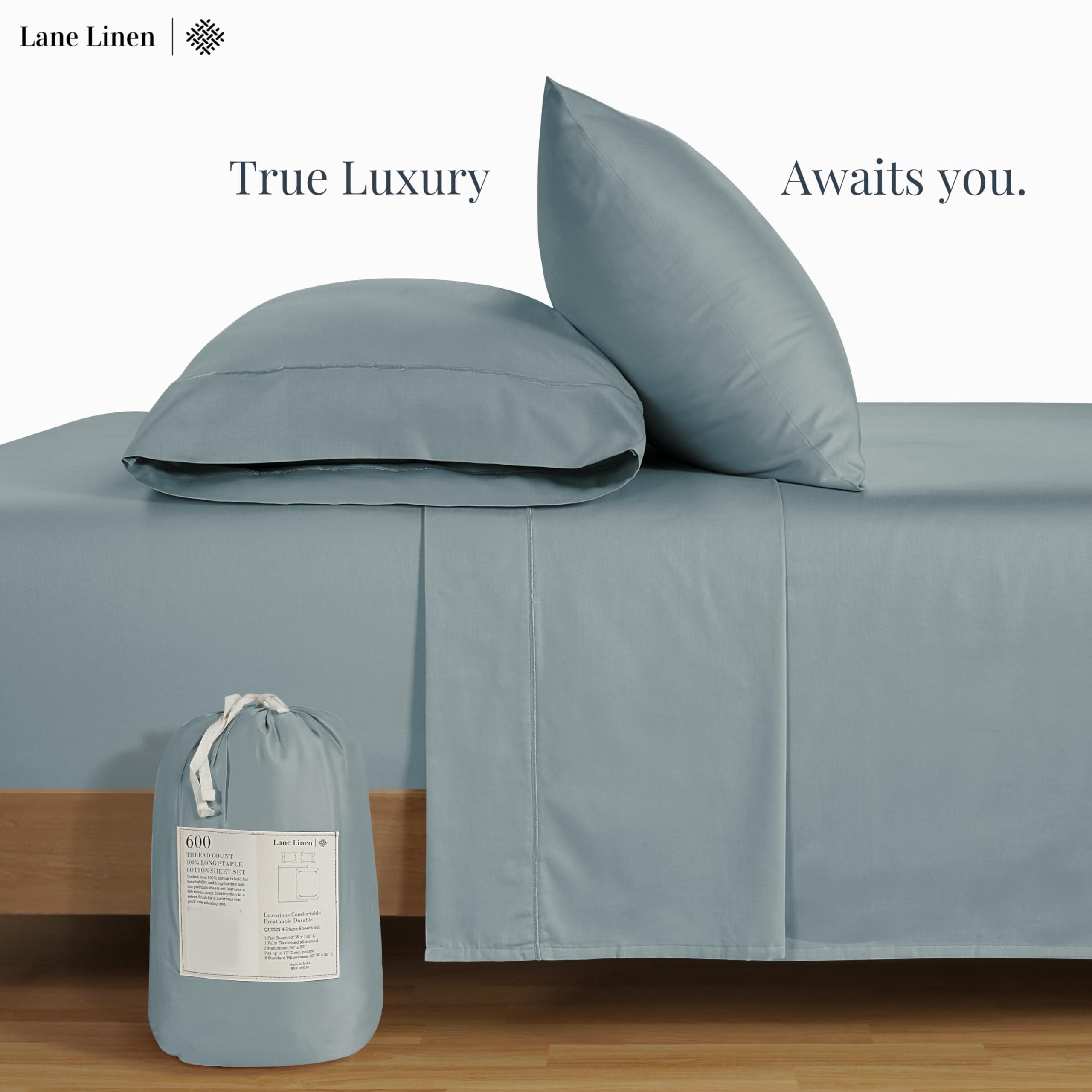 LANE LINEN 600 TC 100% Cotton Queen Sheets, Deep Pocket Comfy & Cooling Sateen Weave, Fully Elasticized Hotel Style Thick Sheet, Mercerized 4 Pc Queen Size Bedding Set, Ultra Soft - Blue Sheet Set - Image 2