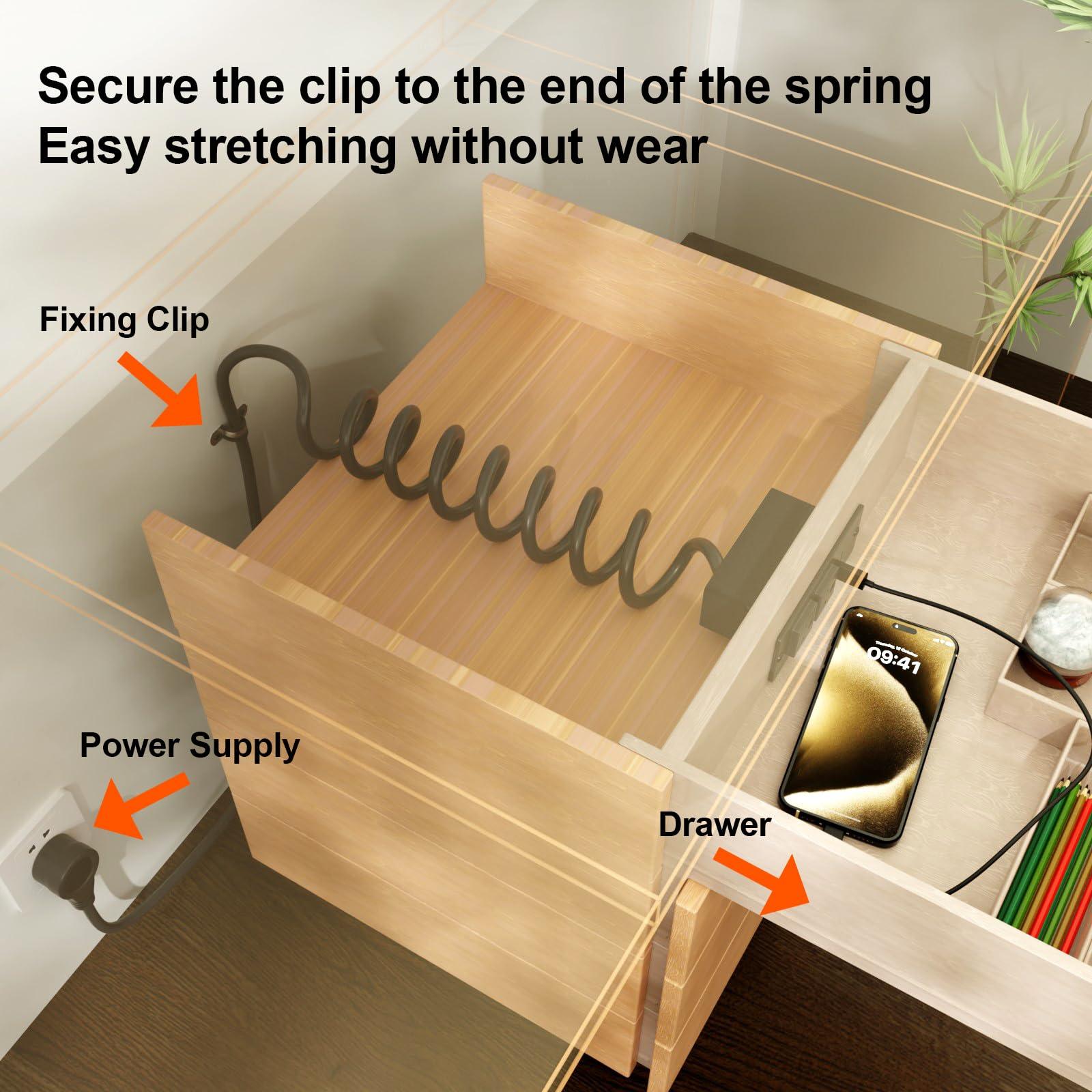 OELFFOW Drawer Outlet Kit, Recessed Furniture Power Strip - Clutter-Free Drawer Socket with USB-A, USB-C & (2) 12 amp AC Ports, 6.9FT Power Cord, Spring Cable, Clips and Screws Included, UL Listed - Image 3