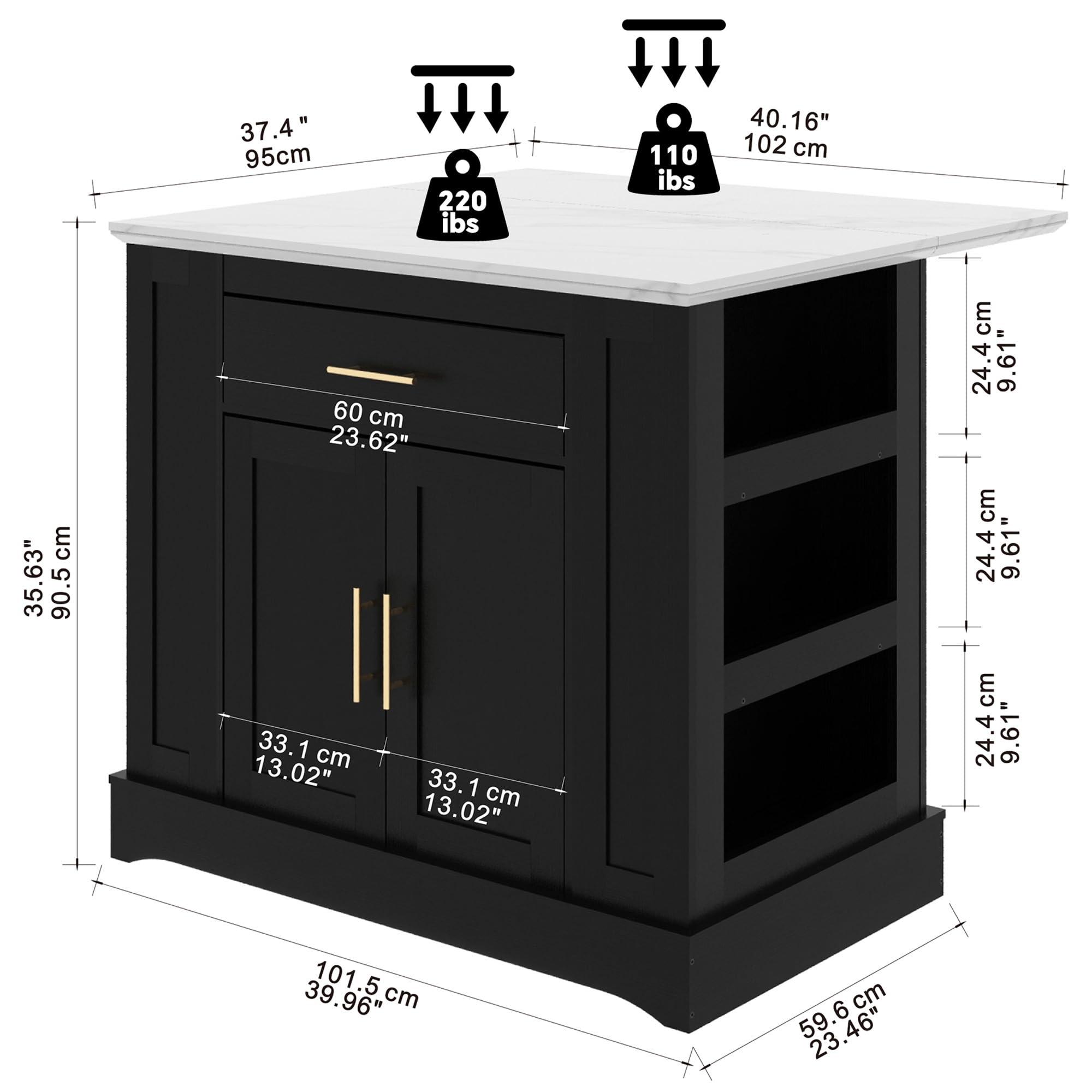 FUSUNBAO Large Kitchen Island with Storage & Power Outlet, Drawer, Adjustable Shelves, Side Open Compartments, and Drop Leaf,Island Table for Kitchen with Footrest,Black - Image 3