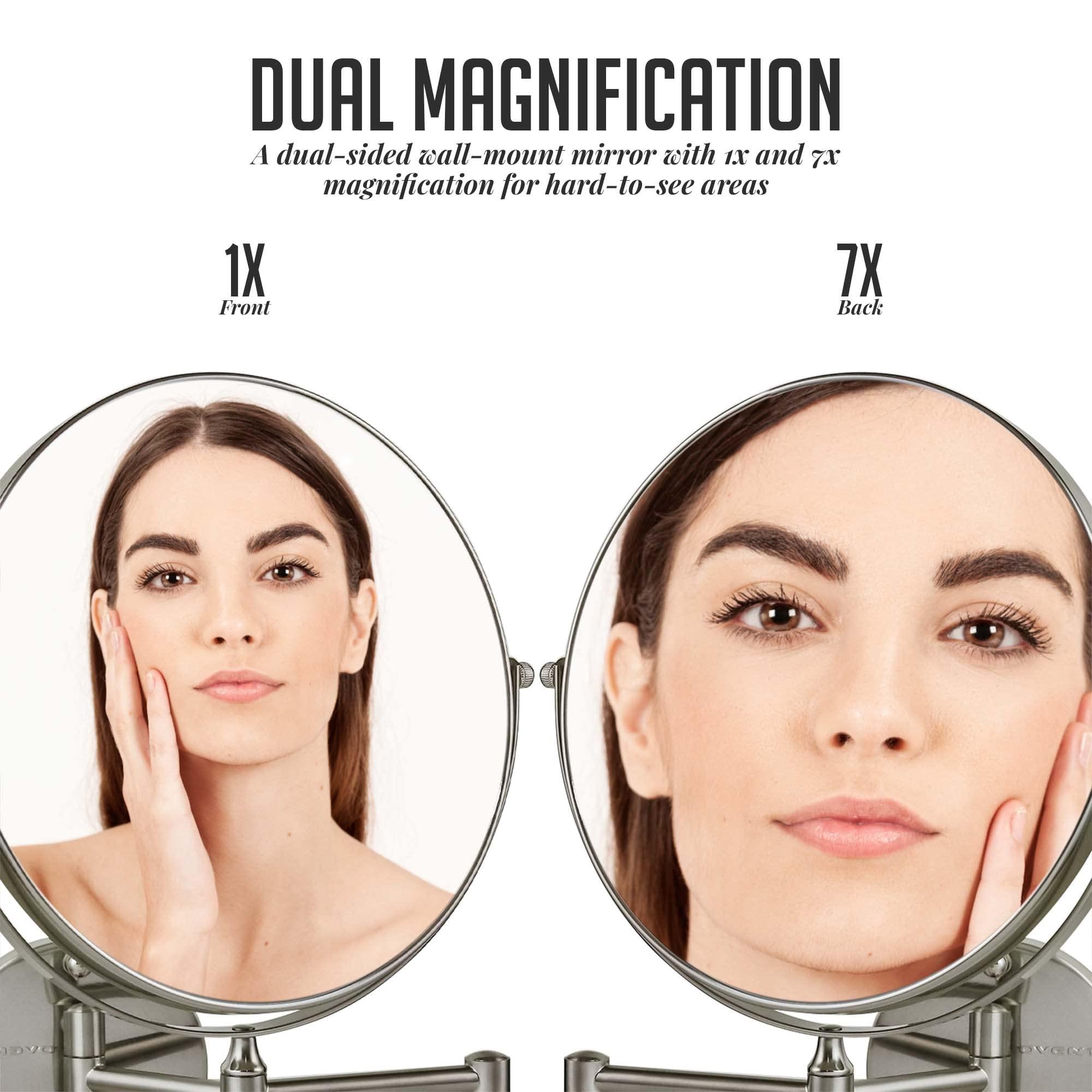 OVENTE 9" Wall Mounted Makeup Mirror with 1X/7X Magnification, Double Sided Magnifying Round Bathroom Vanity Mirror, 360° Swivel Design, Extendable and Folding Arm, Nickel Brushed MNLFW90BR1X7X - Image 4