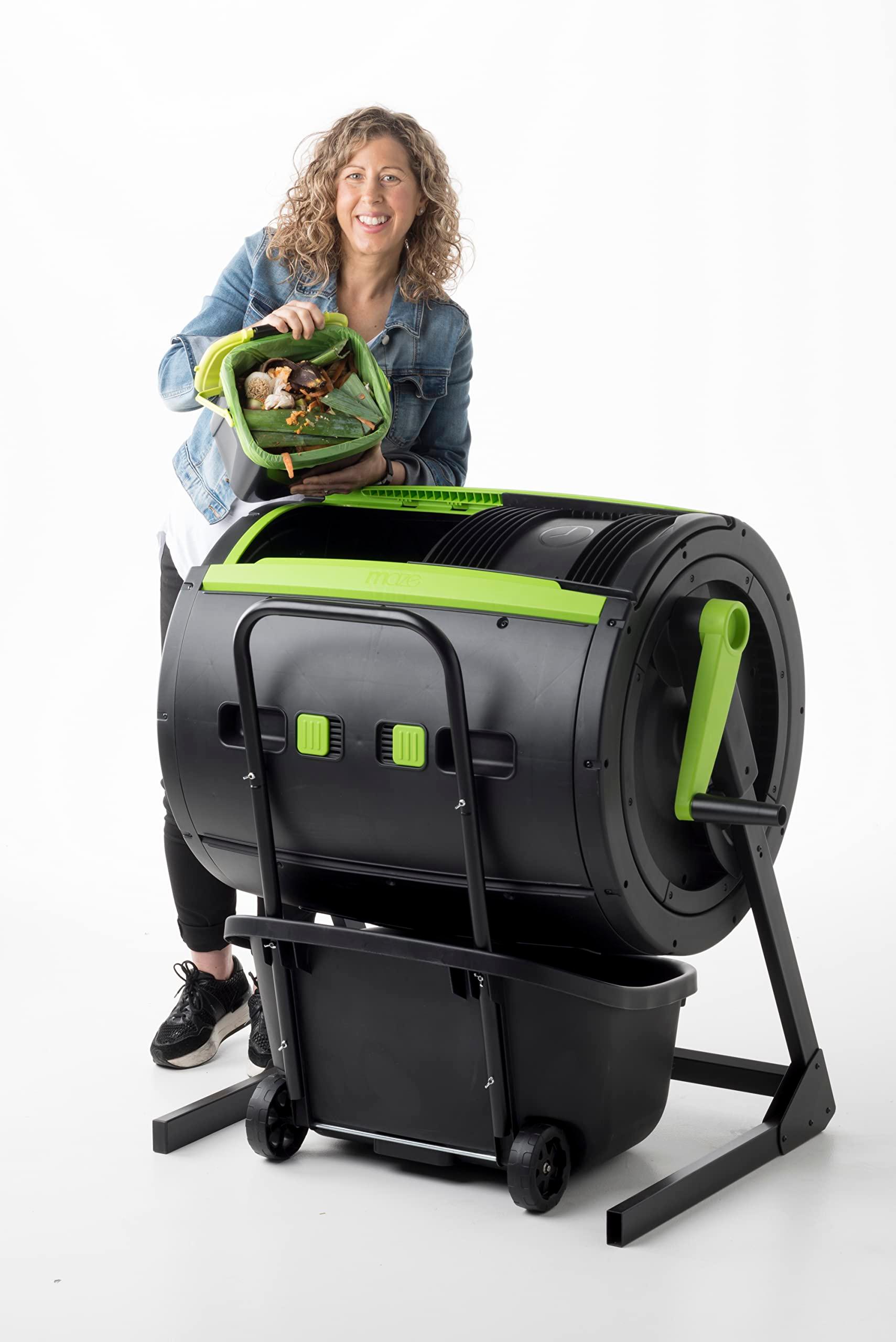 MAZE Two Stage 65 gal Compost Tumbler with Large Double Doors and Open Frame and Comes with Maze Compost Cart, 1.85 Gal Kitchen Caddie Compost Bin, 3 Rolls of Corn Bags and a Retractable Plant Caddie - Image 10