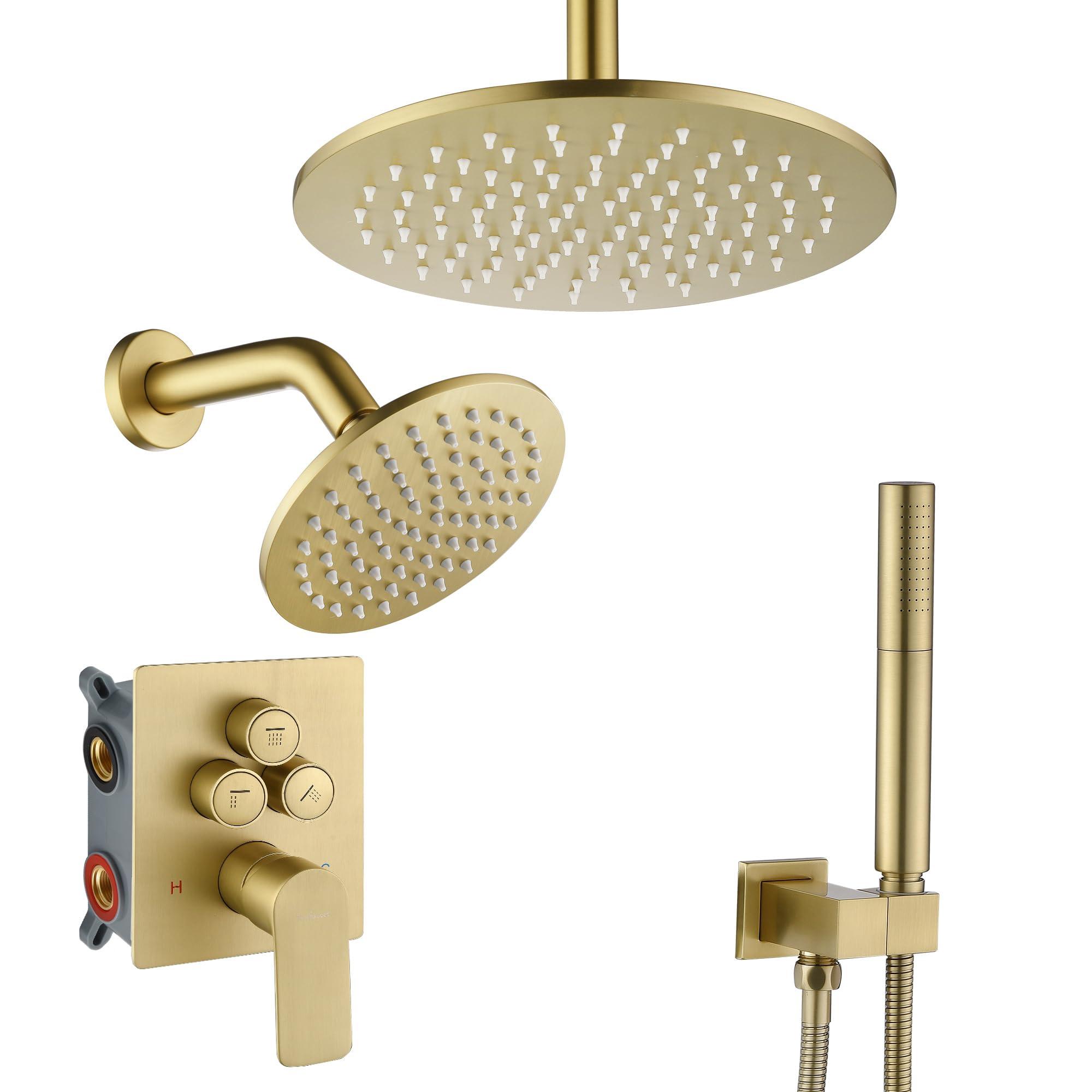 Tomfaucet Rain Shower System, Push Button Diverter Shower Faucet Set with 2 in 1 Handheld Spray, Wall Mount Shower, Ceiling Mount Shower Head 3-Function Rainfall Shower System-Brushed Gold
