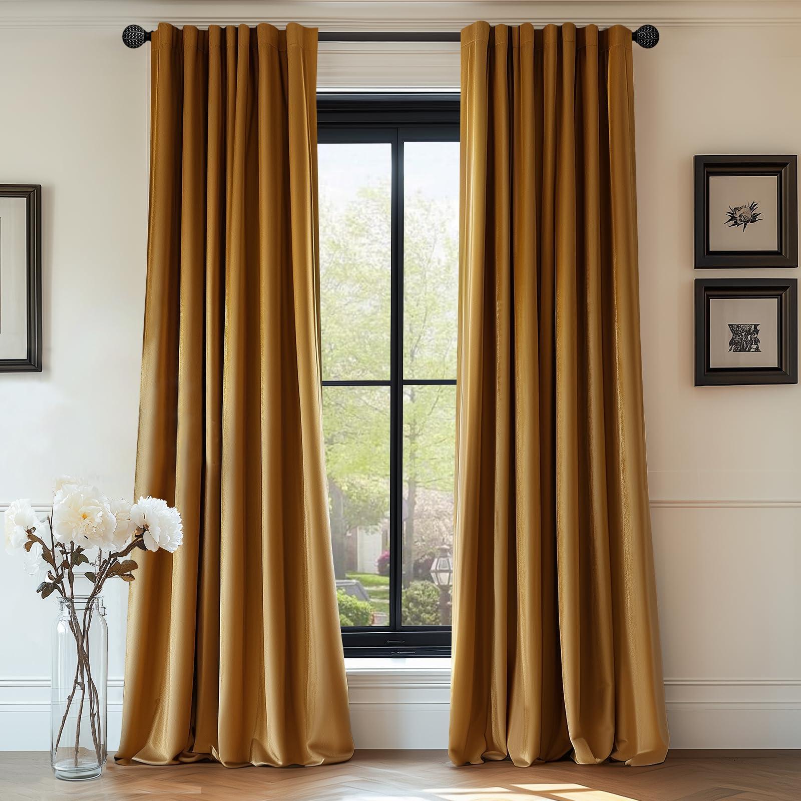 Lazzzy Velvet Blackout Curtains Brown Thermal Insulated Drapes for Bedroom Living Room 108 Inches Extra Long Window Treatments Super Soft Luxury Rod Pocket 2 Panels Gold Brown
