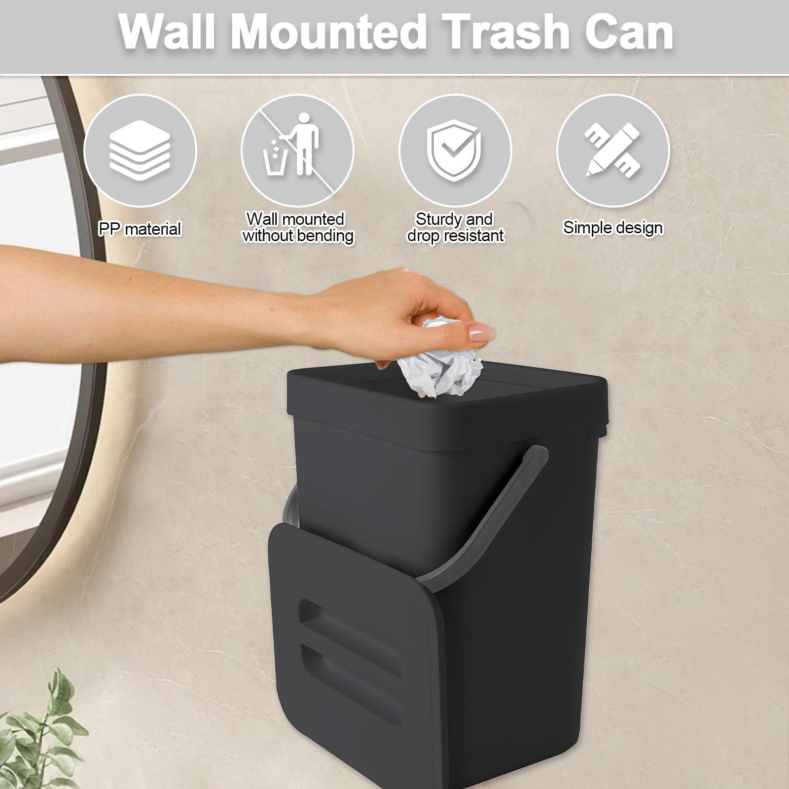 Household Wall Mounted Kitchen Trash Can, Hanging Trash Can with Lid, Kitchen Compost Bin, Multifunctional, Suitable for Bathroom/Bedroom/Office (Black, 3 Liters/0.8 Gallol) - Image 4