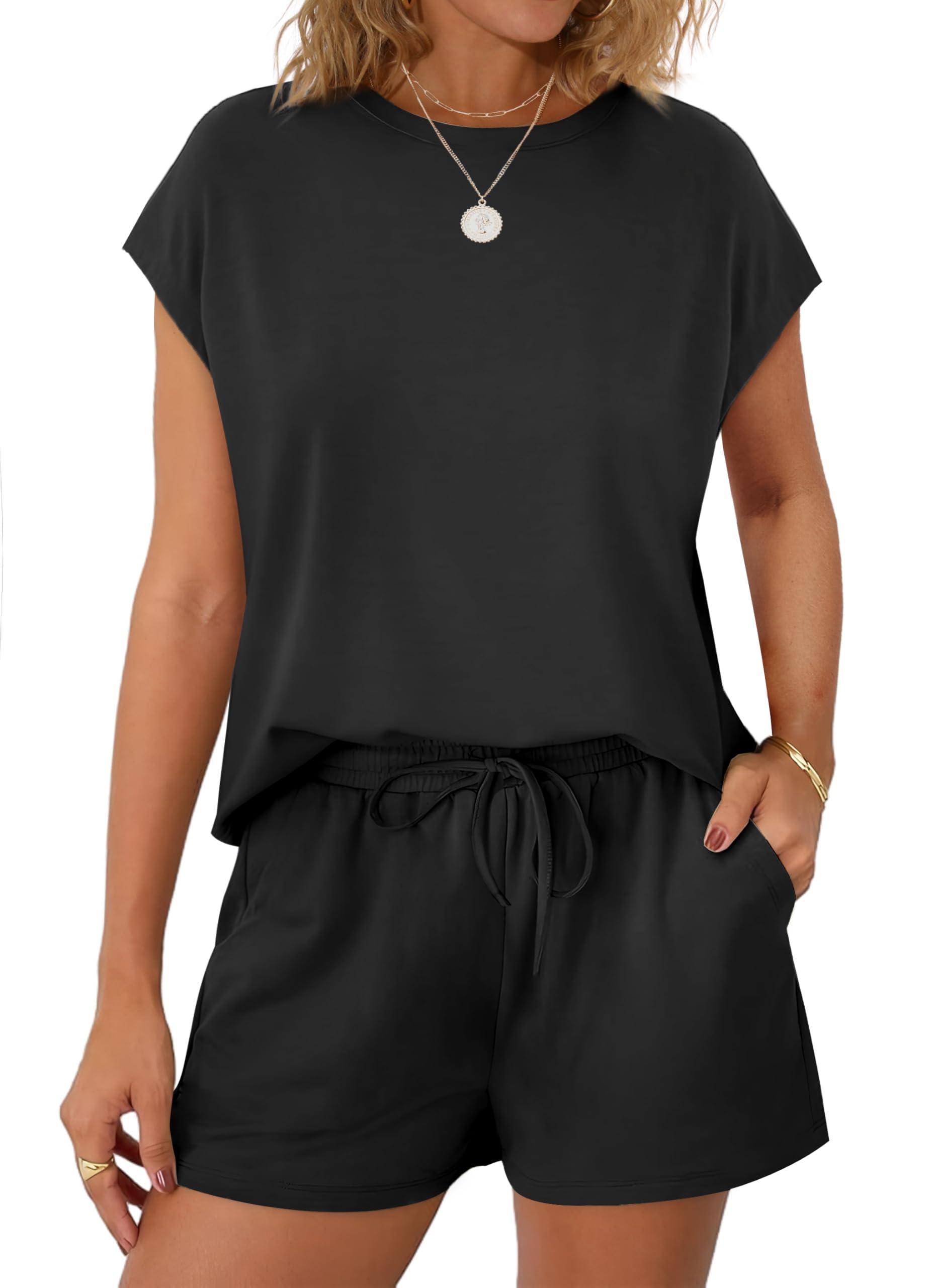 WIHOLL Two Piece Sets for Women Summer Crew Neck Lounge Short Sets Cap Sleeve Drawstring Sweatsuit with Pocket - Image 2