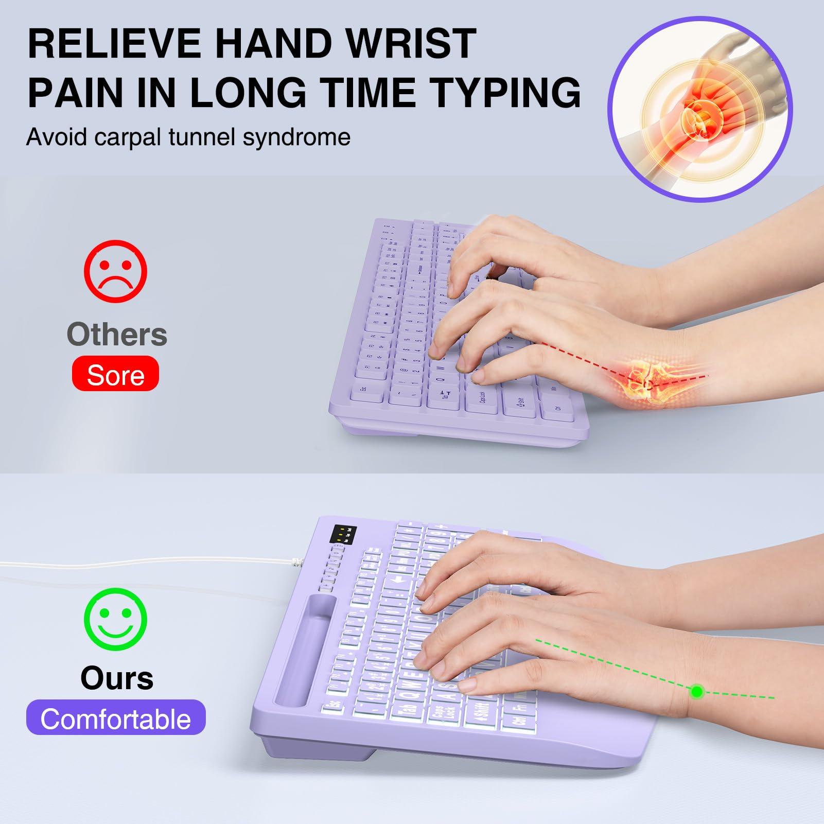 SABLUTE Large Print Backlit Computer Keyboards, Wired Lighted USB Keyboards with 7-Color Backlit, Wrist Rest, Phone Holder, Easy to Read and Type for Laptop, PC, Windows, Desktop (Purple) - Image 4
