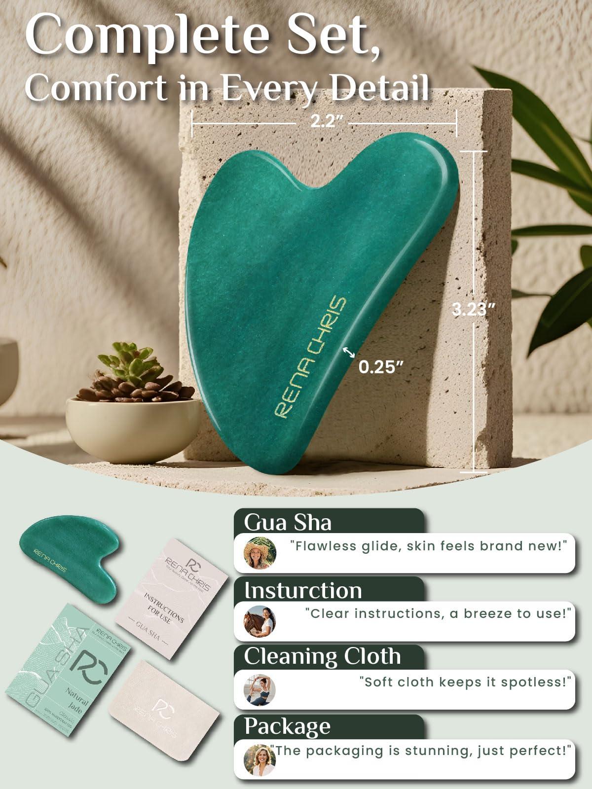 Rena Chris Gua Sha Facial Tools, Natural Jade Stone Guasha, Manual Massage Sticks for Jawline Sculpting and Puffiness Reducing, Facial Massage Tool, Skin-Care Tool (Green) - Image 2