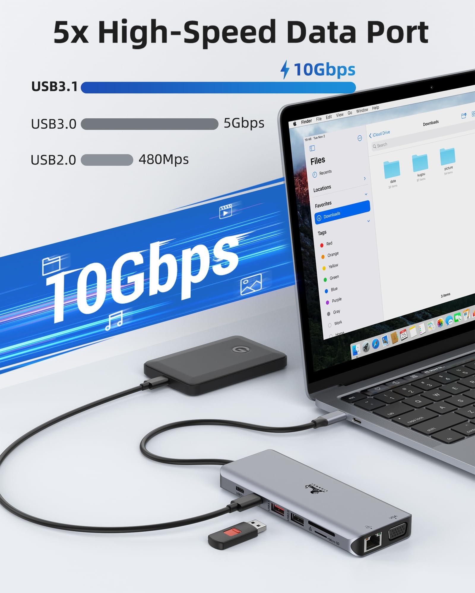 Laptop Docking Station 4 Monitors, Dual HDMI+8K DP+VGA, 10Gbps, 100W PD, 6 USB C/A Ports, Ethernet, SD/TF, LIONWEI 13 in 1 USB C Hub for MacBook/Dell/HP/Surface - Image 6