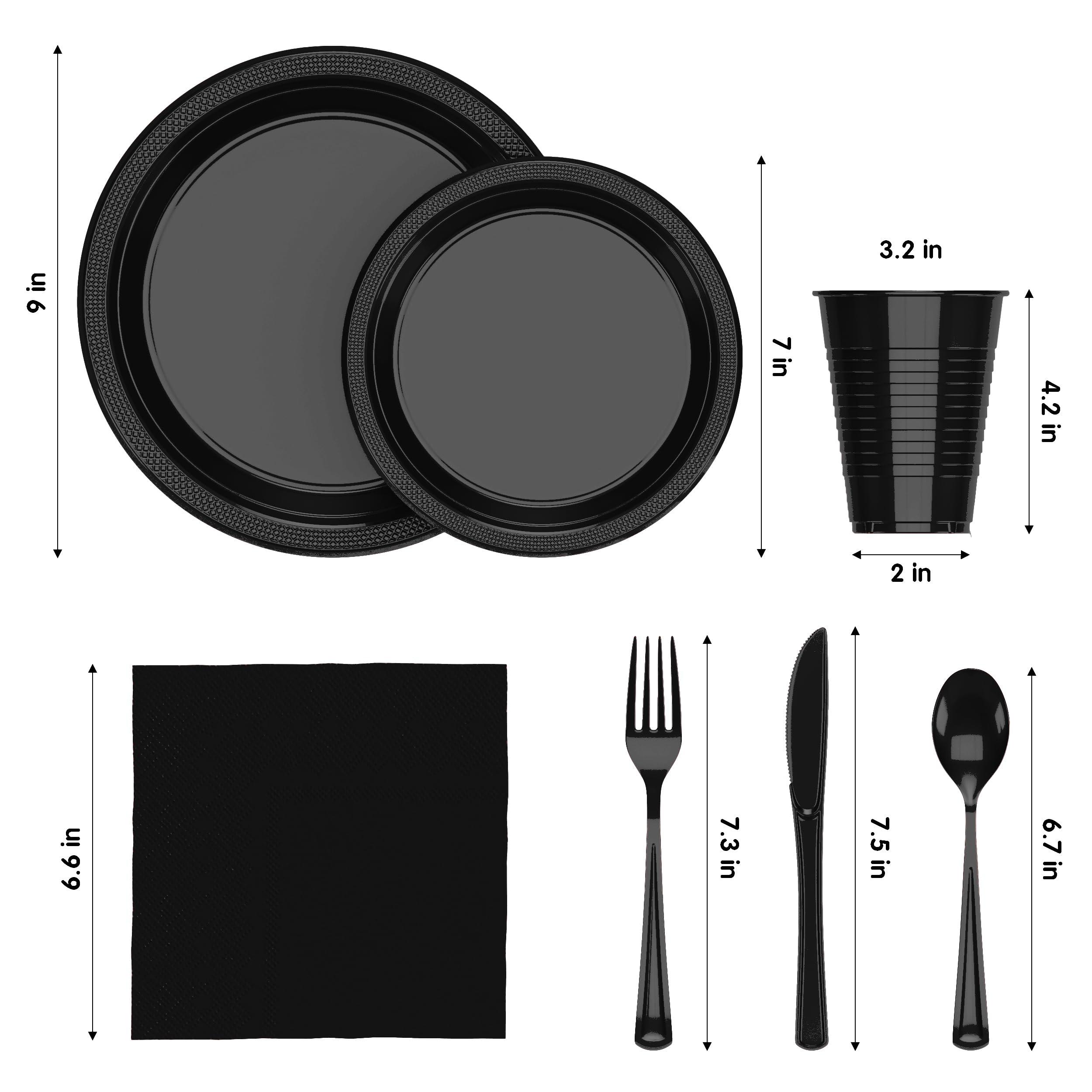 350 Pcs Black Plastic Plates For Party, Black Disposable Plates Set, 50 Of Each 9" Dinner Plate Set, 7" Dessert Plate, Cups, Napkins & Cutlery Plastic Dinnerware Party Solids - Image 3