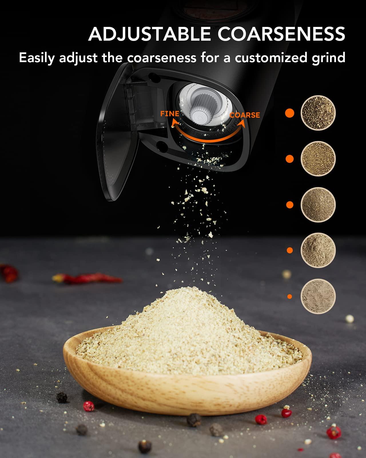 FORLIM Gravity Electric Salt and Pepper Grinder Set, Upgraded Large Capacity, USB Rechargeable Pepper grinder Automatic One Hand Operated, Adjustable Coarseness with LED Light（Natural Wood Grain） - Image 7