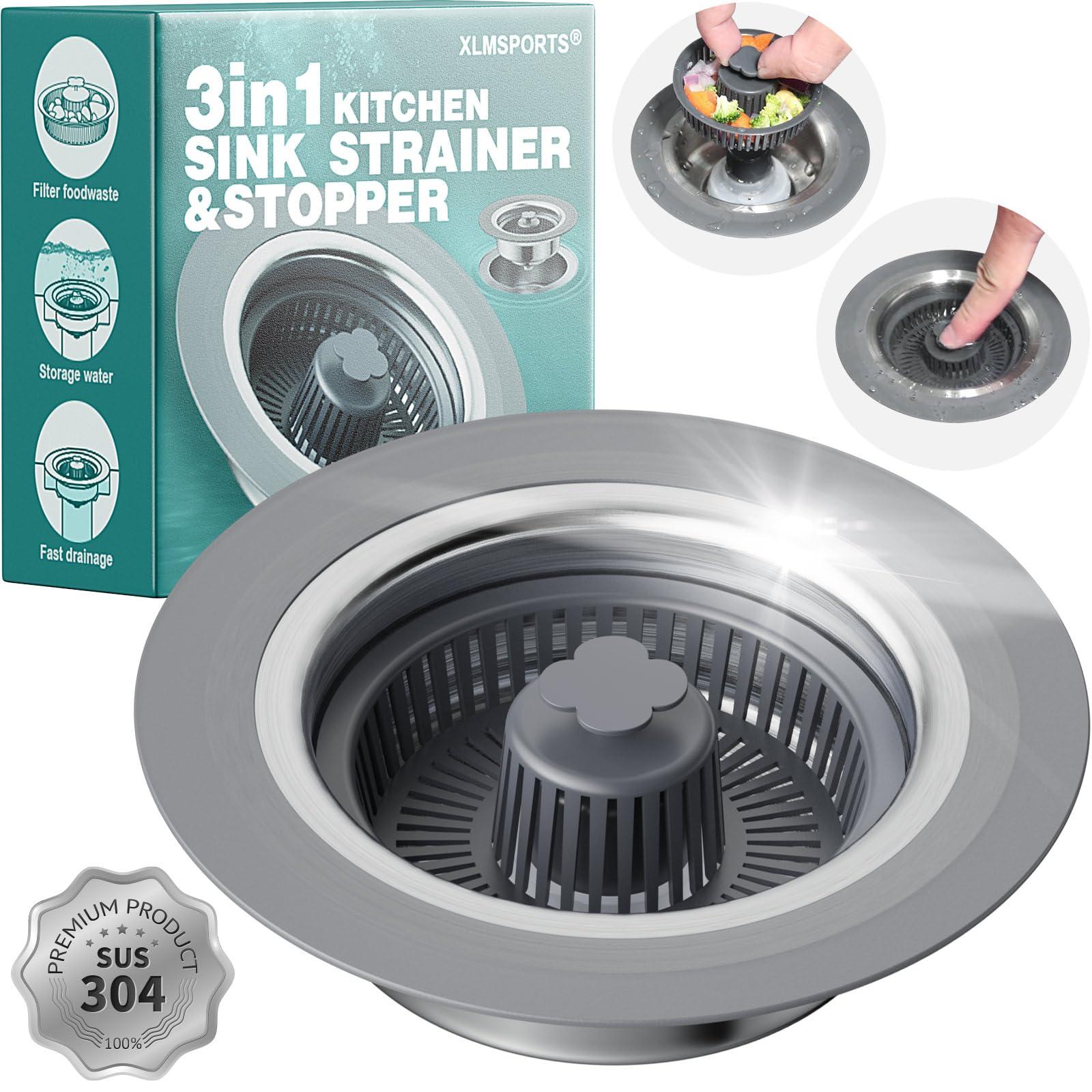 XLMSPORTS 3 in 1 Kitchen Sink Drain Strainer and Stopper, 304 Stainless Steel Pop-up Anti-Clogging Basket Strainer, Fast Drainage Kitchen Sink Plug for Standard 3-1/2" Drain Hole - Image 1