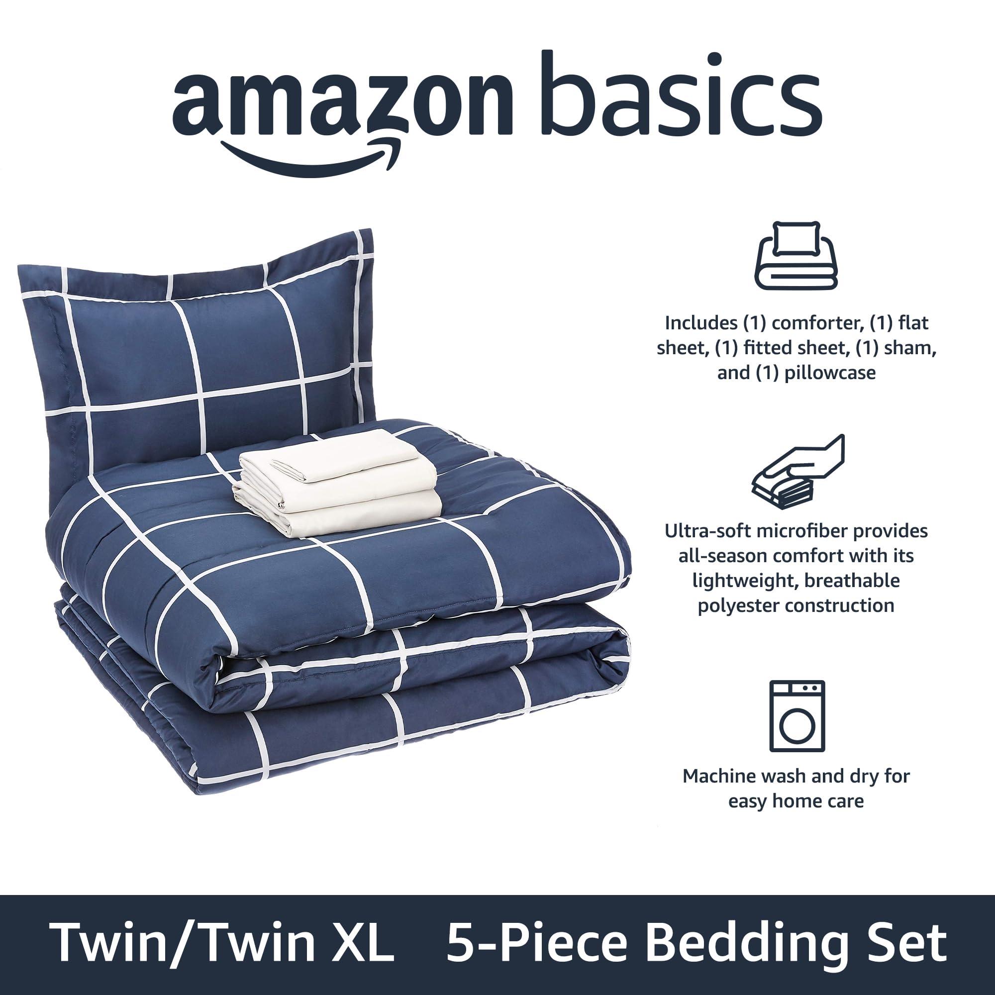 Amazon Basics Twin/Twin XL Comforter Set with Sheets, 5-Piece Navy with Grey Plaid Bedding, Lightweight Microfiber Bed-in-a-Bag - Image 2