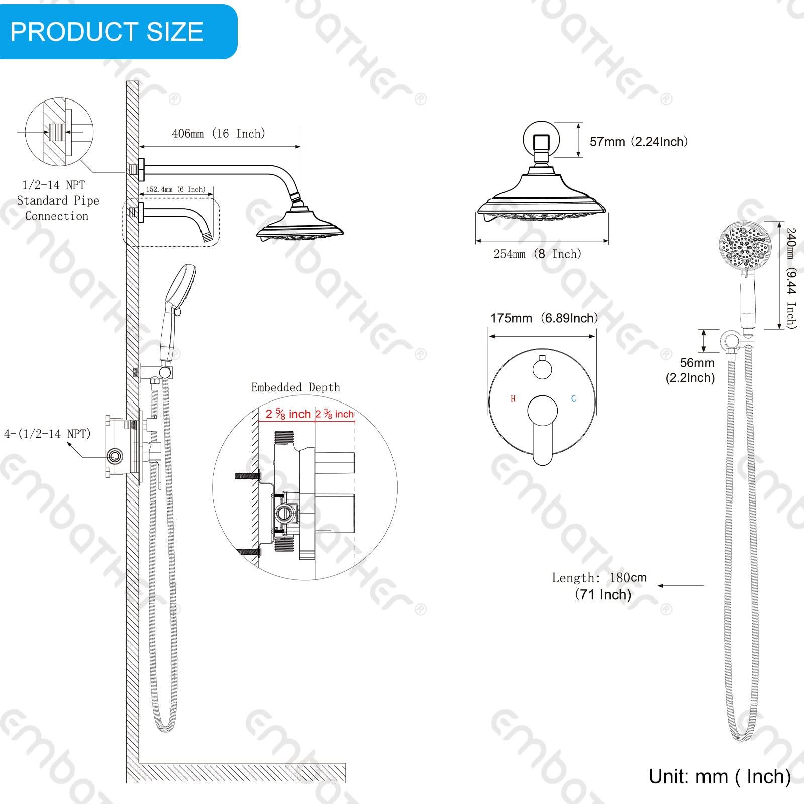EMBATHER Shower Faucets Sets Complete, with 3 Setting High Pressure Shower Head Combo, Bathroom Wall Mounted Rainfall Shower System Fixtures with 8-Mode Handheld Spray, Brushed Nickel - Image 9