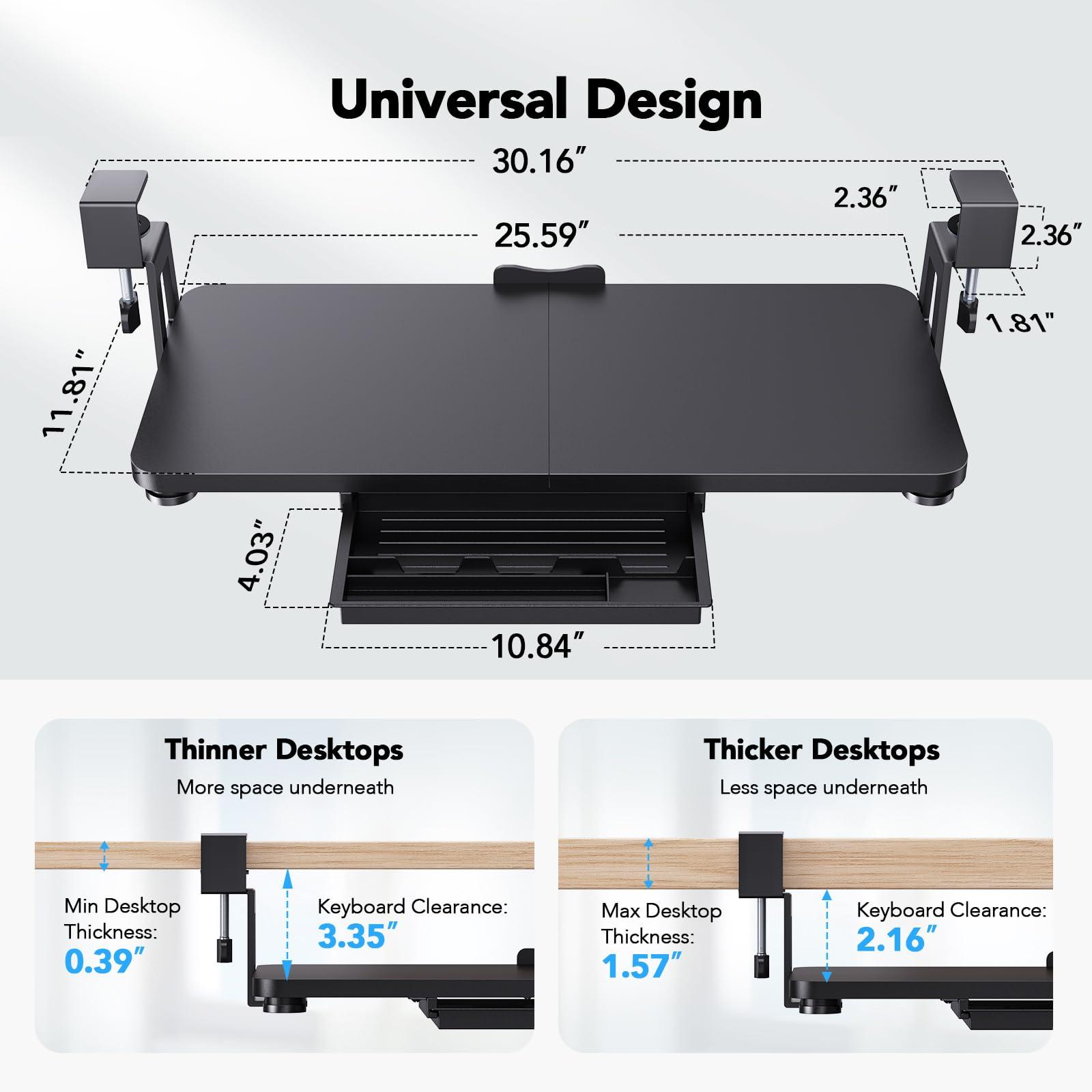 HUANUO Large Under Desk Keyboard Tray with Sturdy C-Clamp Mount, 26 (30.16" Including Clamps) x 12 inch Slide-Out Platform Computer Desk Heavy Duty Keyboard Tray with Storage Drawer for Typing, Black - Image 2