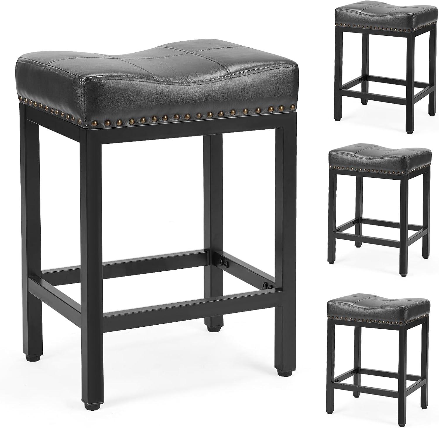 Sweetcrispy Counter Bar Stools Set of 4, 24 Inch Barstools for Kitchen Island, Upholated PU Leather Kitchen Chairs with Thick Saddle Seat & Metal Base and Footrest, Black