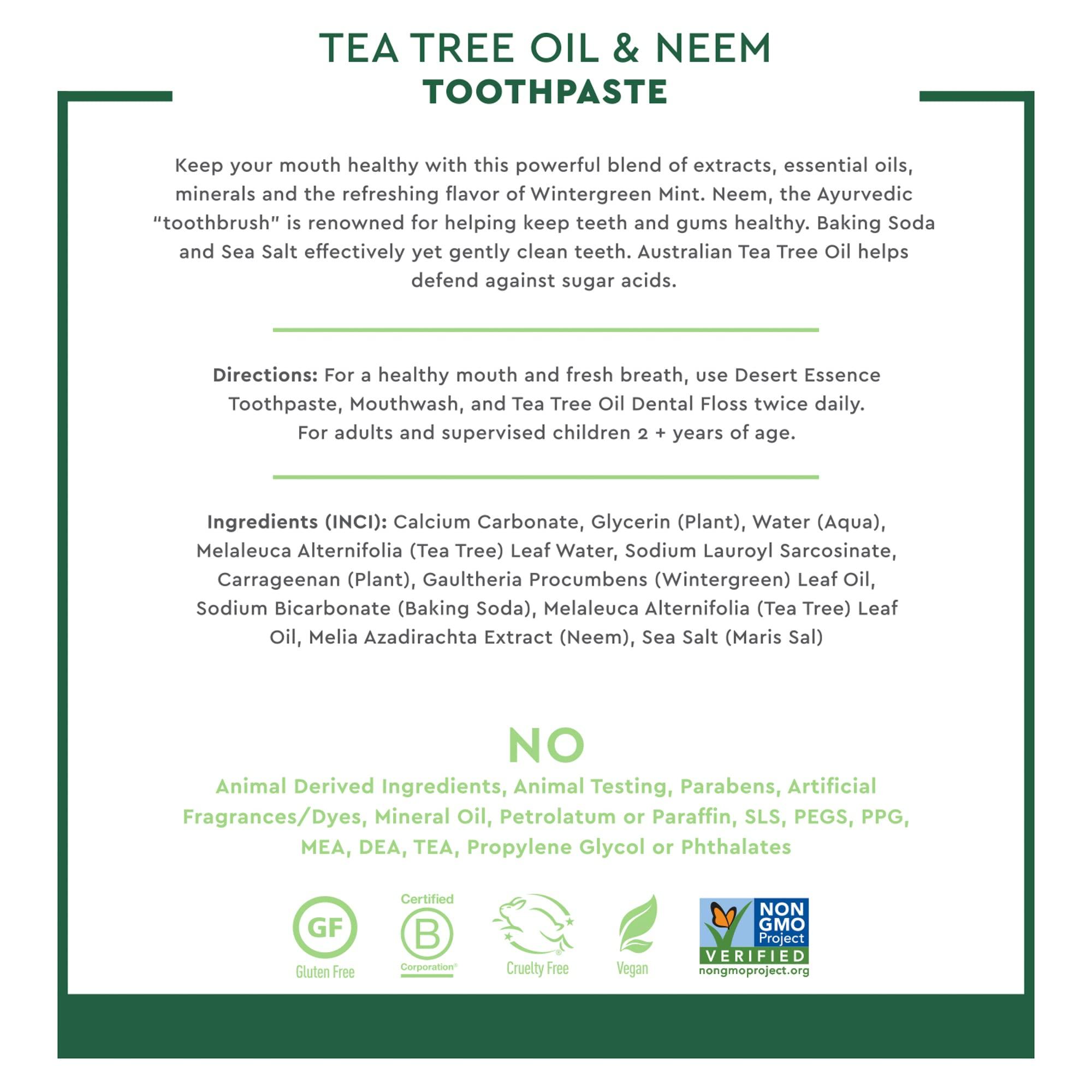 Desert Essence Tea Tree Oil & Neem Toothpaste - Fluoride-Free, Gluten-Free, SLS Free Formula - Vegan, Herbal Toothpaste for Plaque Reduction - Wintergreen Flavor, 6.25 oz - Image 5