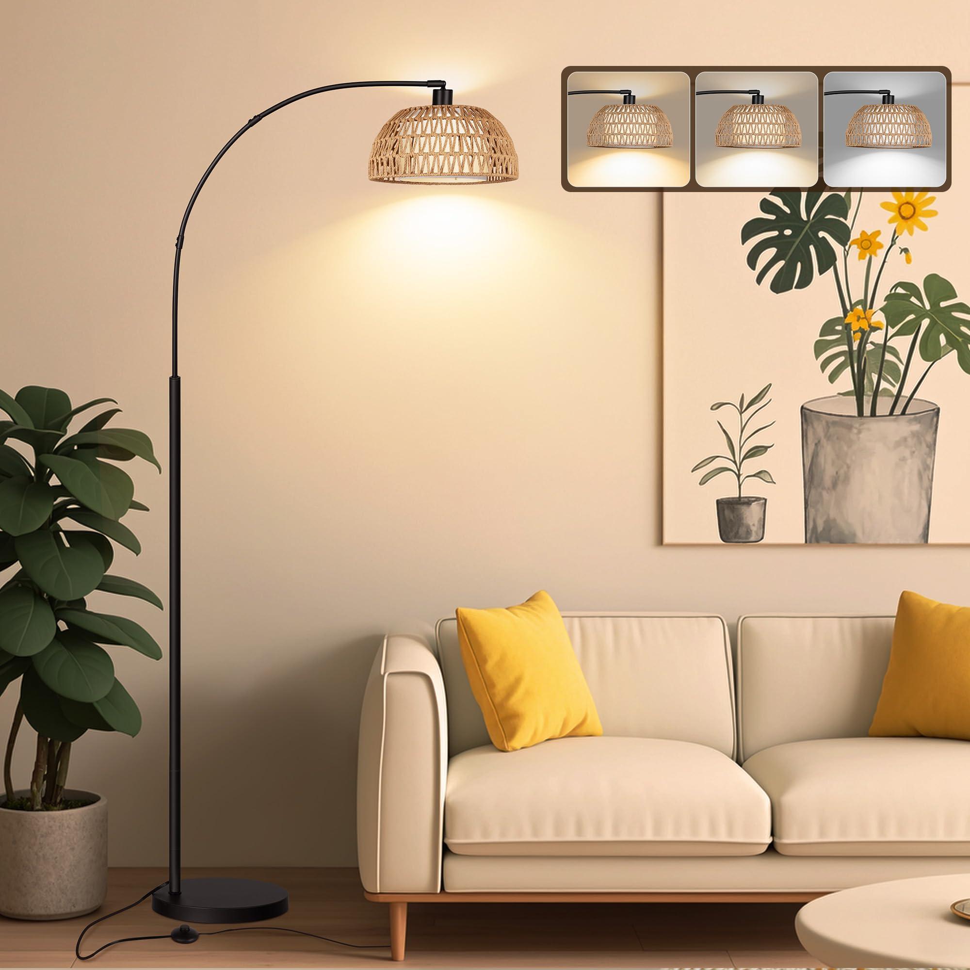 ROTTOGOON Arc Rattan Floor Lamps for Living Room with 3 Color Temperatures, Boho Floor Lamps with Foot Switch, Bohemian Farmhouse Standing Tall Lamps for Bedroom, Office, Bulb Included, 9W, Black