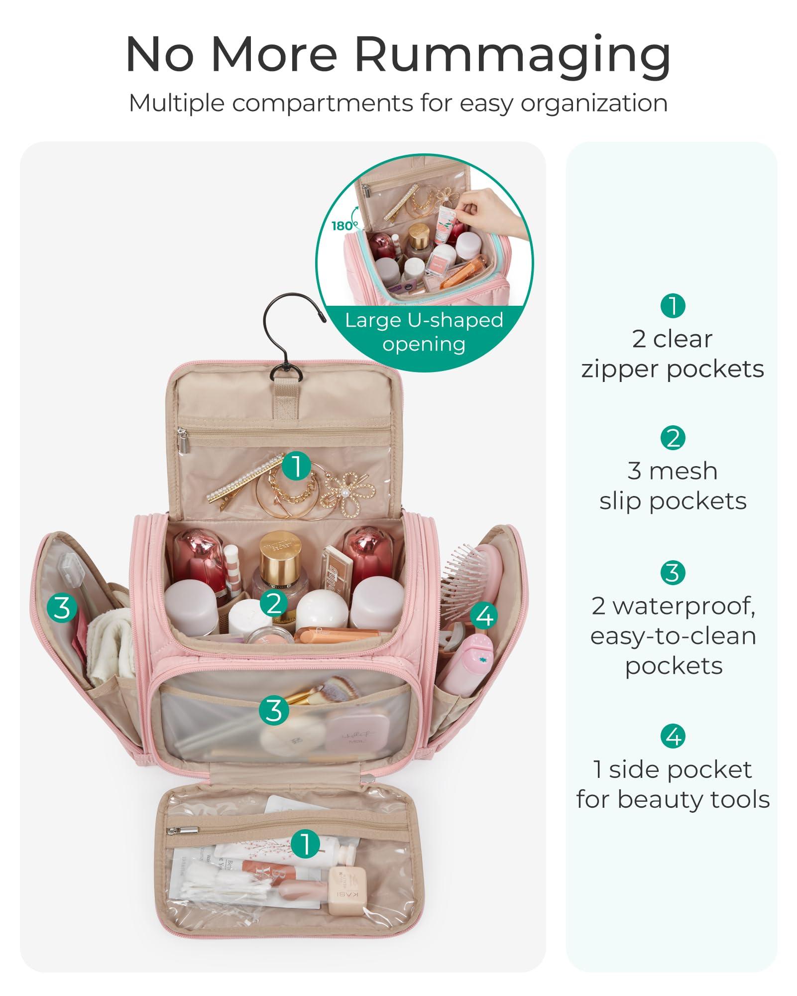BAGSMART Toiletry Bag Travel Bag with Hanging Hook, Water-resistant Lightweight Puffy Makeup Bag Large Wide-open Travel Bag for Women Travel Organizer for Accessories, Cosmetics, Toiletries, Beige - Image 2