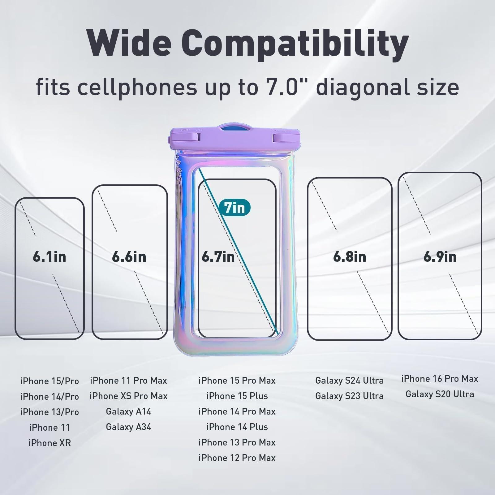 Foweroty Floatable Waterproof Phone Pouch Case for iPhone 16 Pro Max/15/14/13/12, IP68 Travel Cellphone Dry Bag Beach Cruise Ship Essentials Bags with Crossbody Lanyard, Iridescent Purple-7″ - Image 2