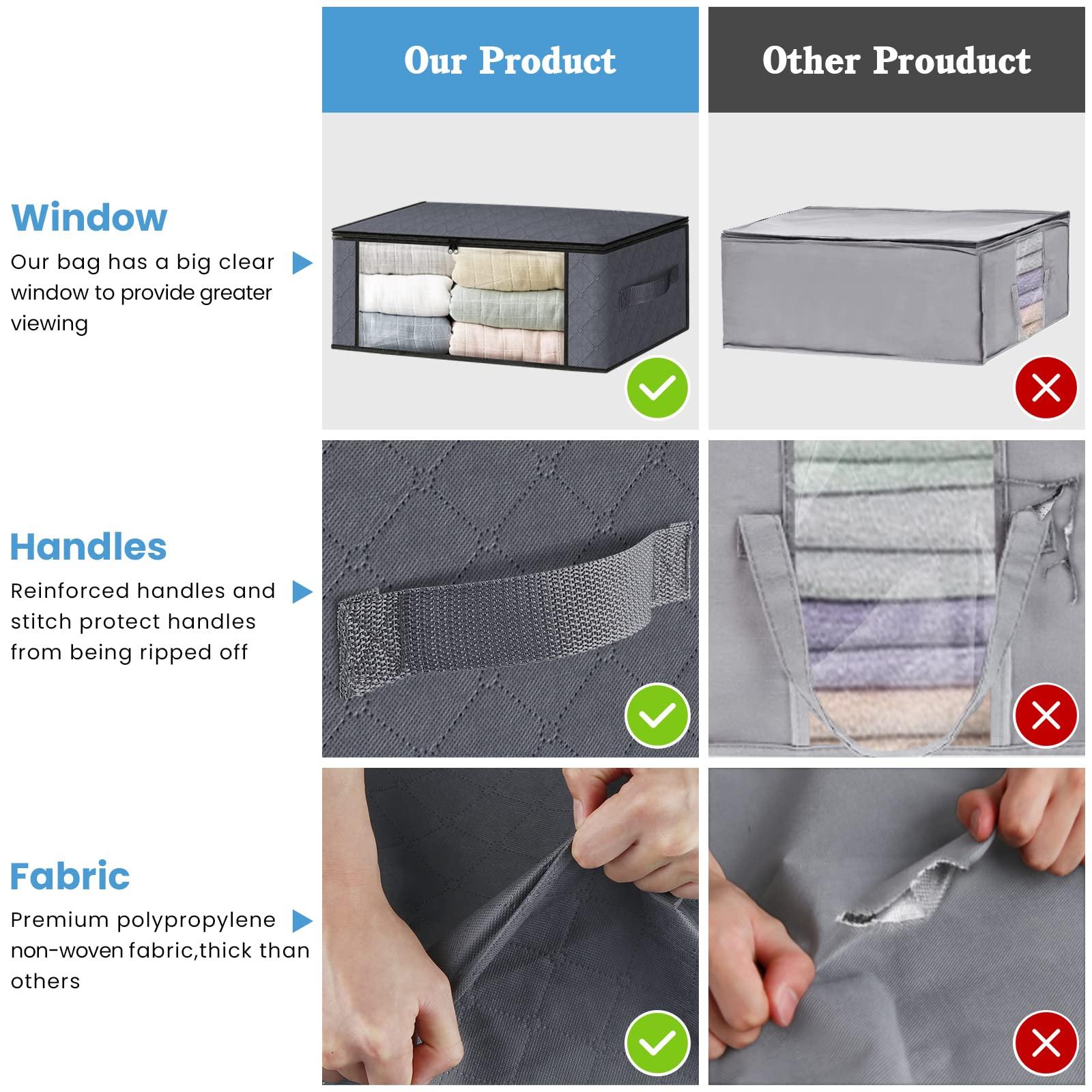 HomeHacks Storage 3-Pack Clothes Organizer Storage Bags Foldable Storage Box with Large Clear Window Sturdy Handles for Closet, Dorm, Pillows, Bedding, Clothes, Blankets, 35L, Gray - Image 5