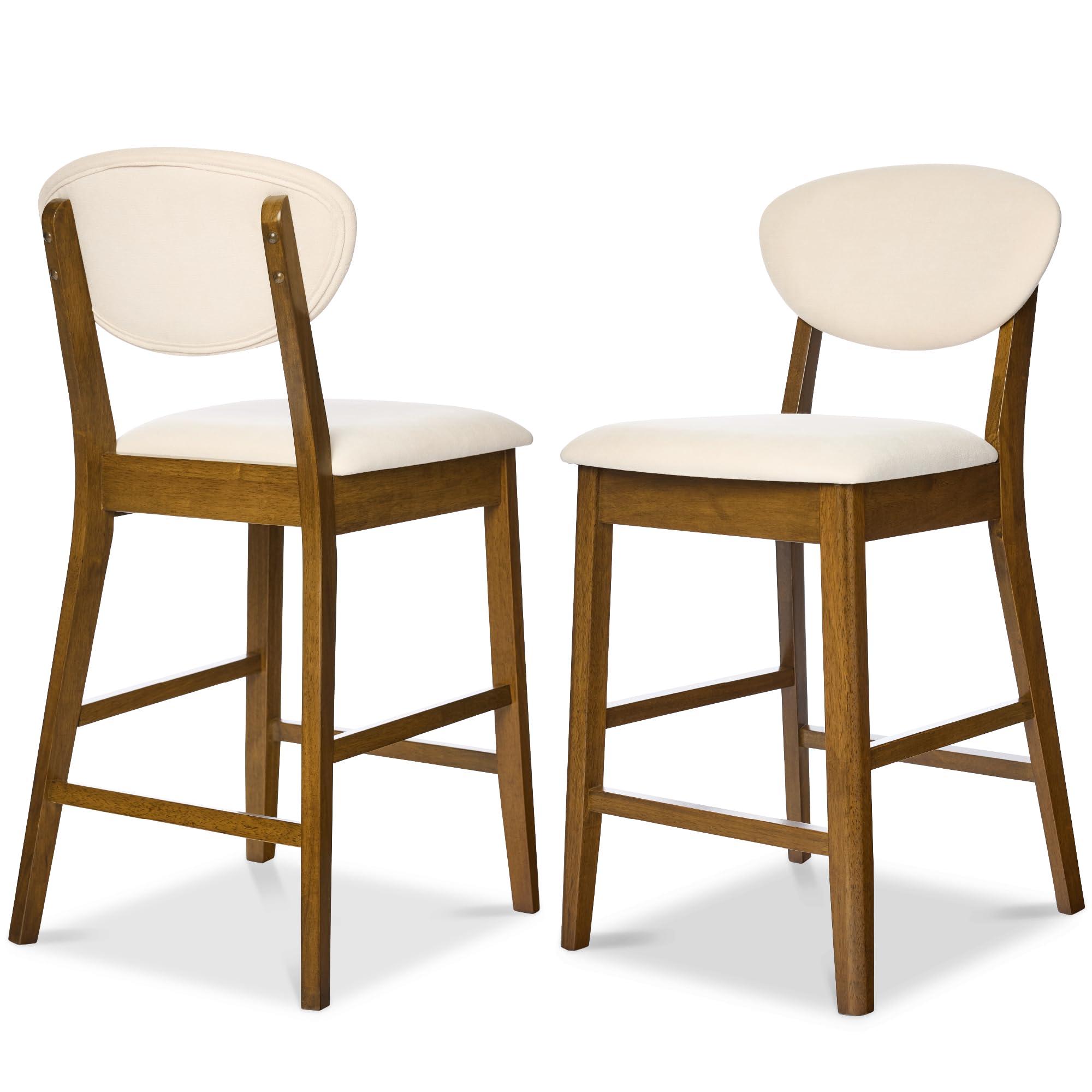 Best Choice Products Bar Stool Set of 2, Mid-Century Modern Upholstered Wood, Armless Counter Height w/Seat Cushion, Backrest - Walnut/Cream