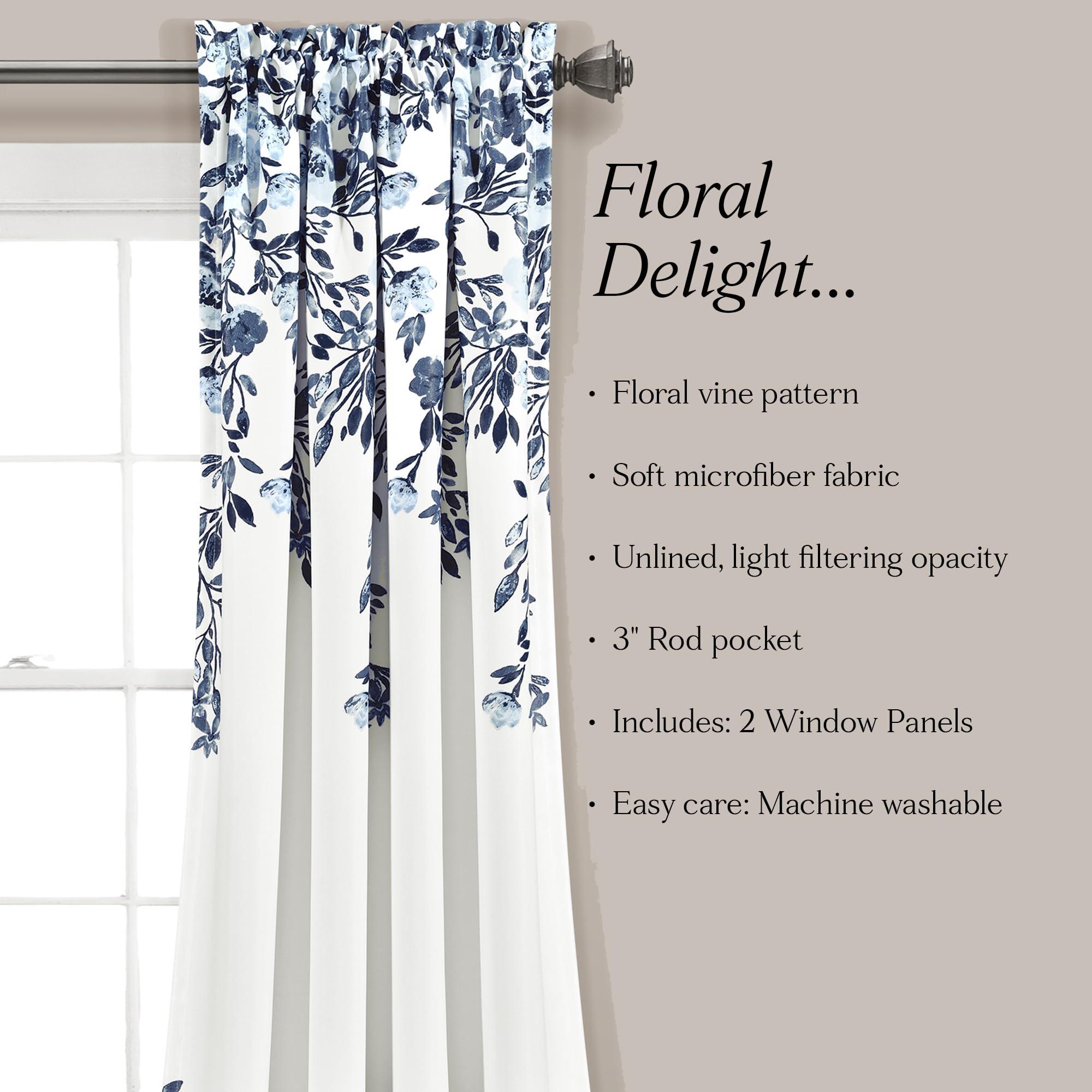 Lush Decor Tanisha Curtains - Light Filtering Window Panel Set, Pair - Floral Vine Print, Beautiful, Modern, Elegant Home Decor - 52" W x 84" L, Navy & White - Image 5