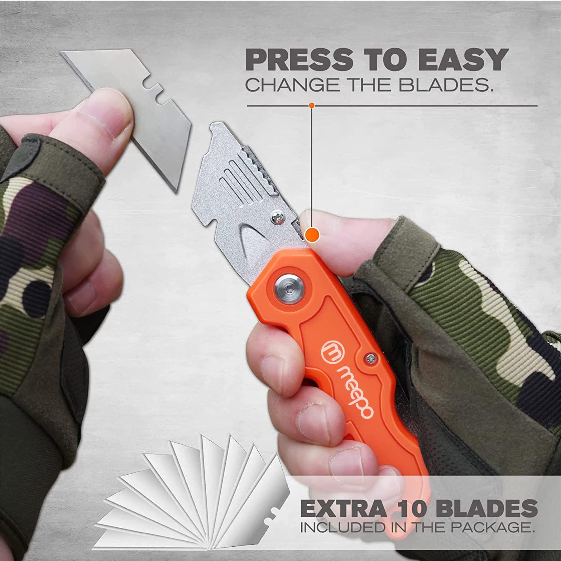 M MEEPO Box Cutter, 4-Pack Tough Folding Box Cutter for Heavy Duty Purpose, Razor Sharp Blade, Comfortable Handle, with Extra 10-Piece Blades, Can cut Drywall, Sheet Plastic, Linoleum, Boxes, Rope - Image 4
