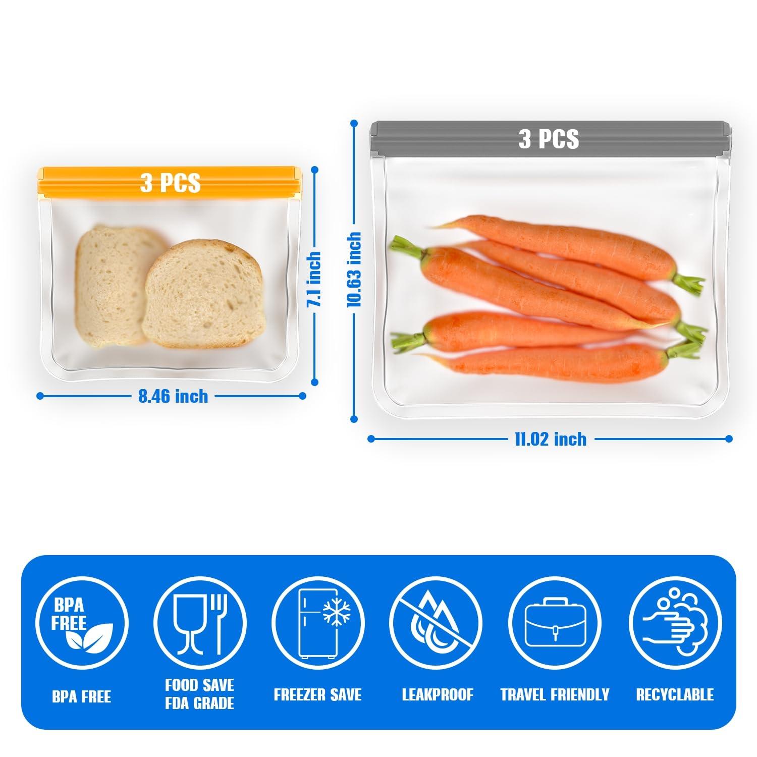 SOGUDE Reusable Snack Bags, 10 Pack Dishwasher Safe Reusable Ziploc Bags PEVA, BPA Free Leakproof Reusable Storage Bags for Lunch, Vegetables, Fruits - 4 Gallon 3 Sandwich 3 Snack Bags - Image 2